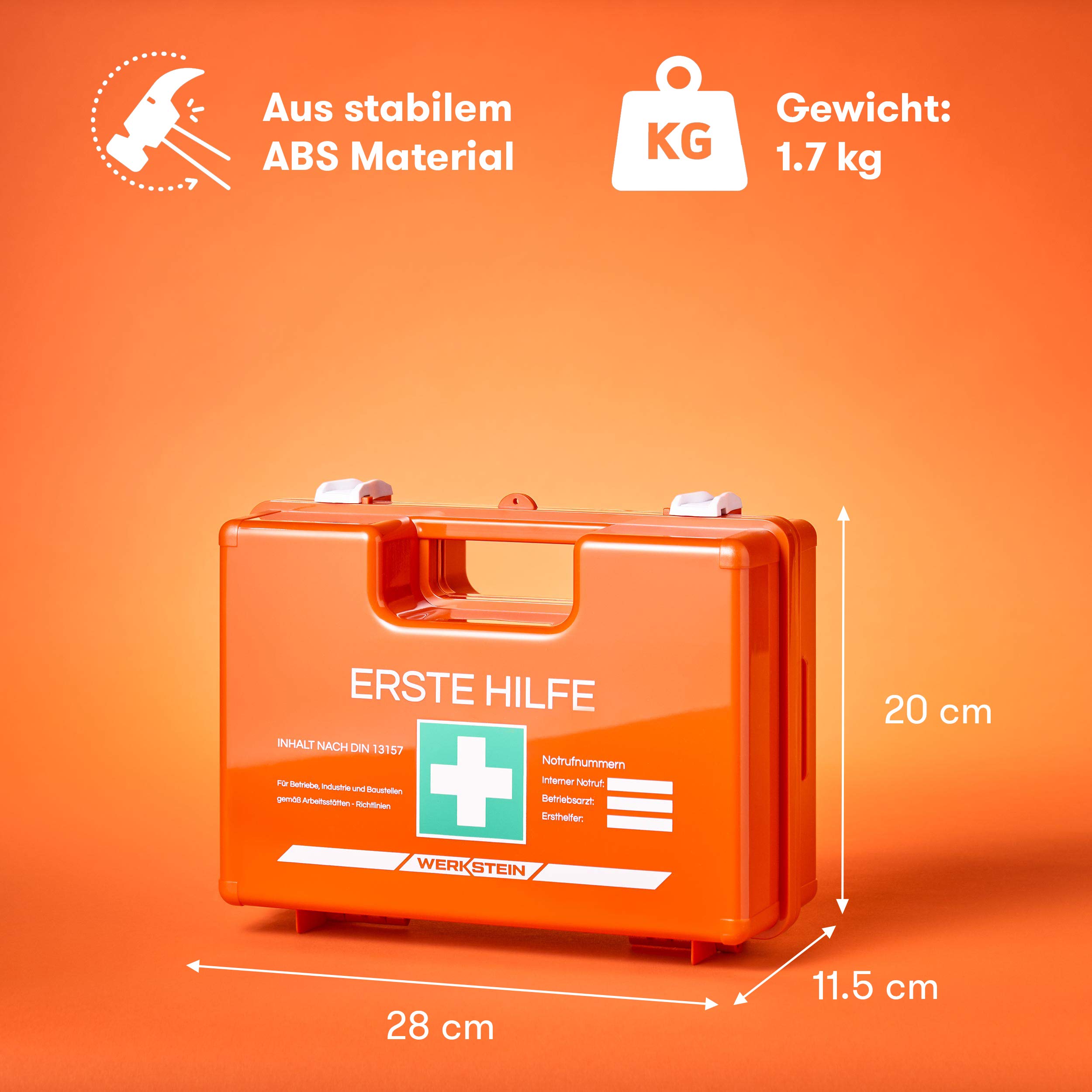 Erste Hilfe Kasten DIN 13157:2021 I Inkl. Beatmungstuch, praktischer Wandhalterung, 5x Aufkleber & Plombe I Erste Hilfe Koffer für Betriebe, Einrichtungen & Zuhause I Verbandskasten