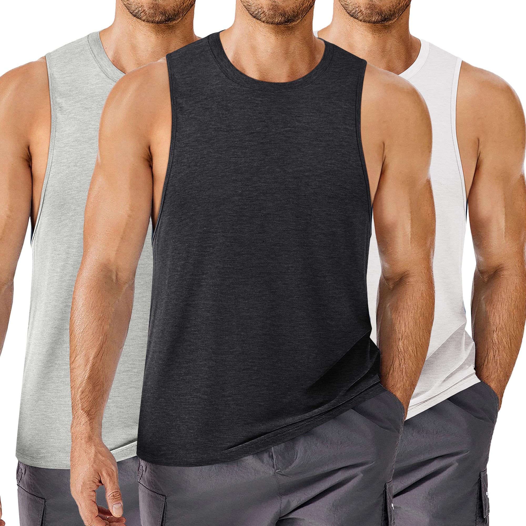 PINSPARK Mens 3 Pack Workout Tank Tops Quick Dry Sleeveless Muscle Tee Gym Bodybuilding Fitness Shirts for Men