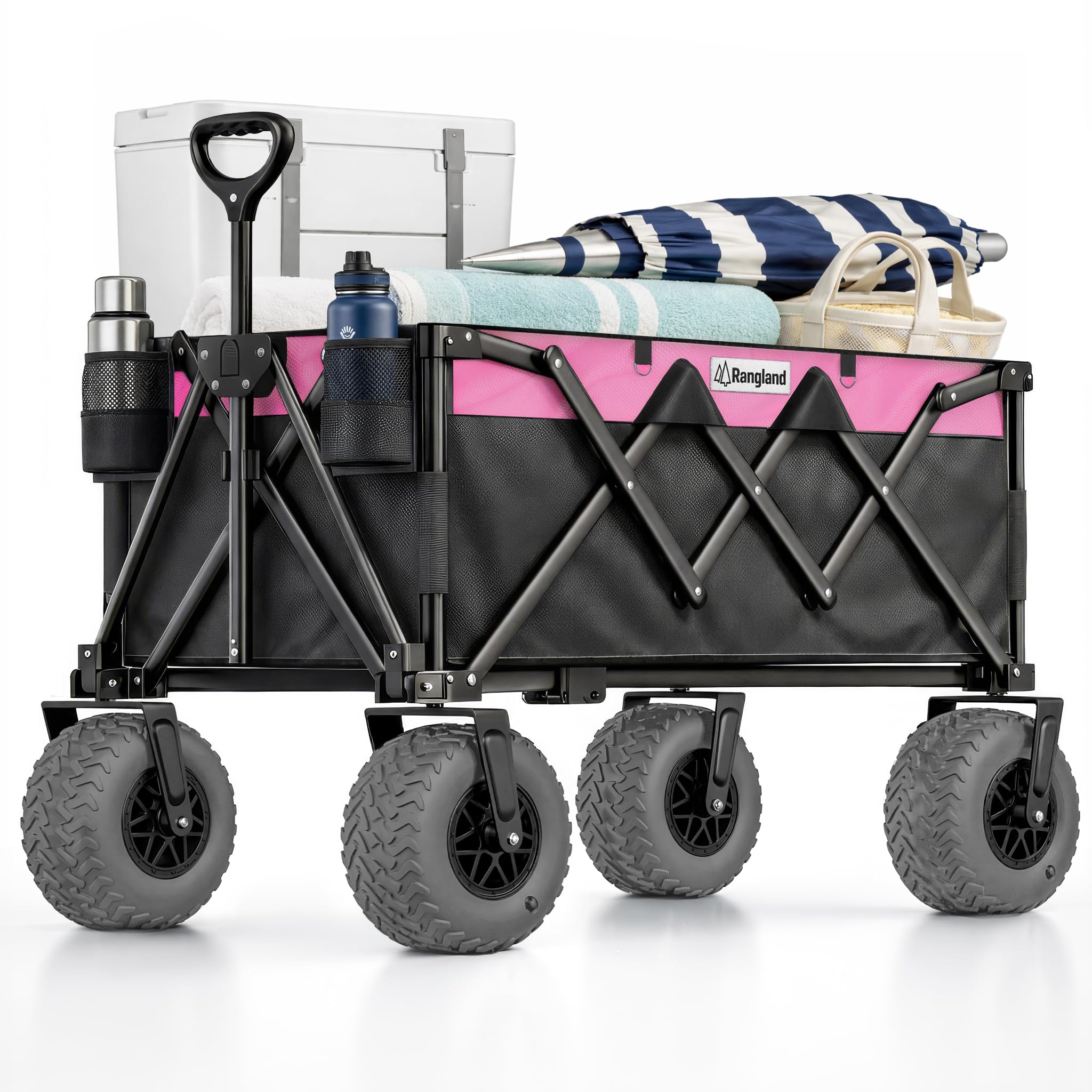 Beach Wagon with Heavy-Duty 10" Air Tires - All Terrain Folding Cart with Big Wheels for Sand and Gravel - 300 LB. Capacity (Black/Pink)