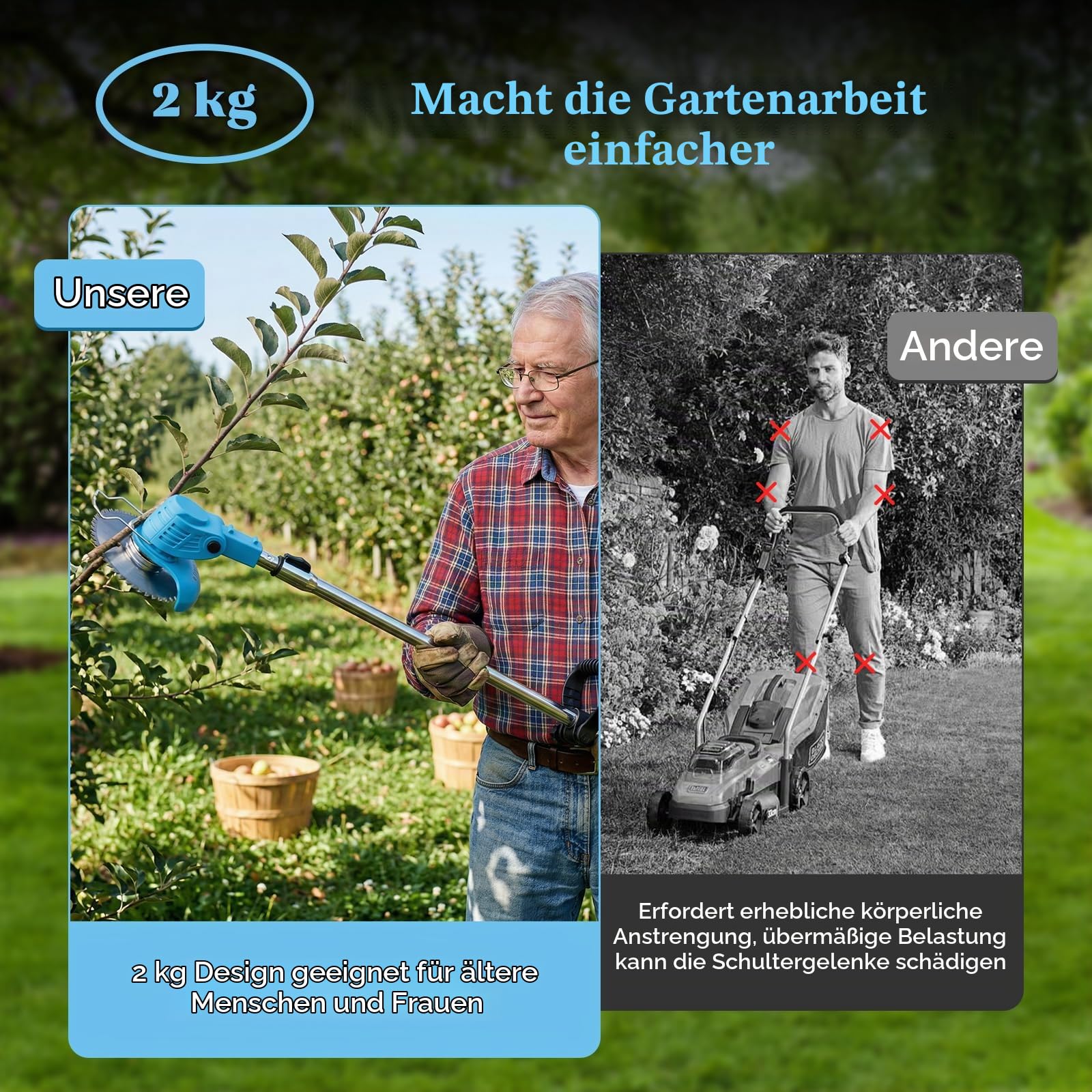 Akku Rasentrimmer 21V, Elektrischer Grasschneider Faltbar mit Teleskopstange, 380W, 7800 RPM, Schnittbreite 15cm, 20-50min Laufzeit, Leise, Kantenschneider für Garten Rasen Hof Unkraut (2 Batterien)