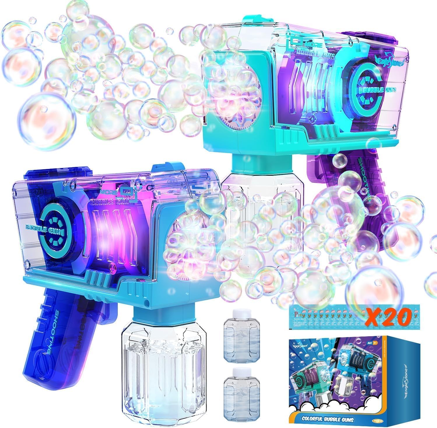 Eaglestone Bubble Gun for Kids 2 Packs, Automatic Bubble Machine, 10-Hole Bubbles Wands Blaster for Toddlers with LED Lights & Solution, Easter, Party Favor, Outdoor Toys for Boys & Girls Blue,purple