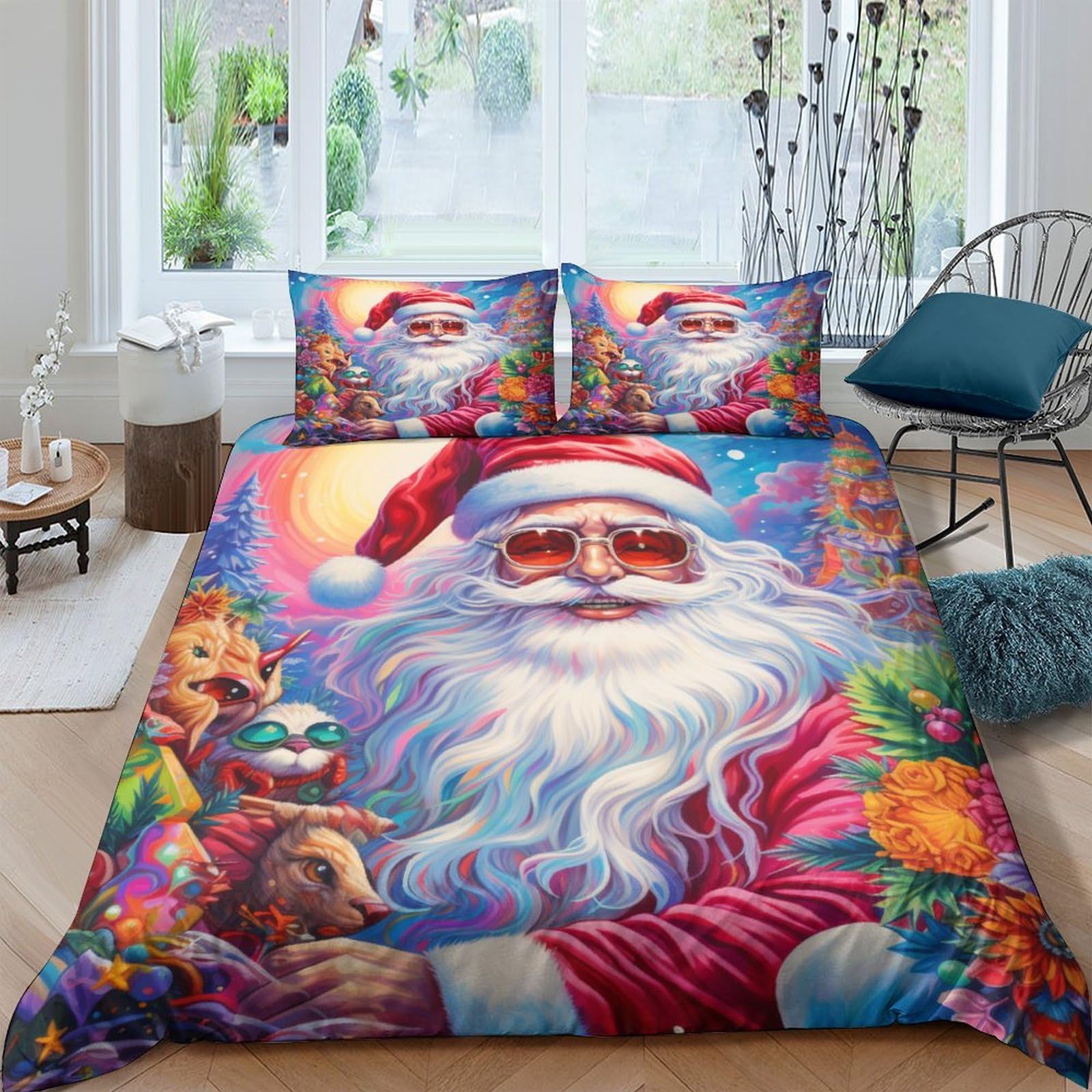 Juego de funda nórdica de Papá Noel de microfibra suave 220x240cm con dos fundas de almohada navideñas
