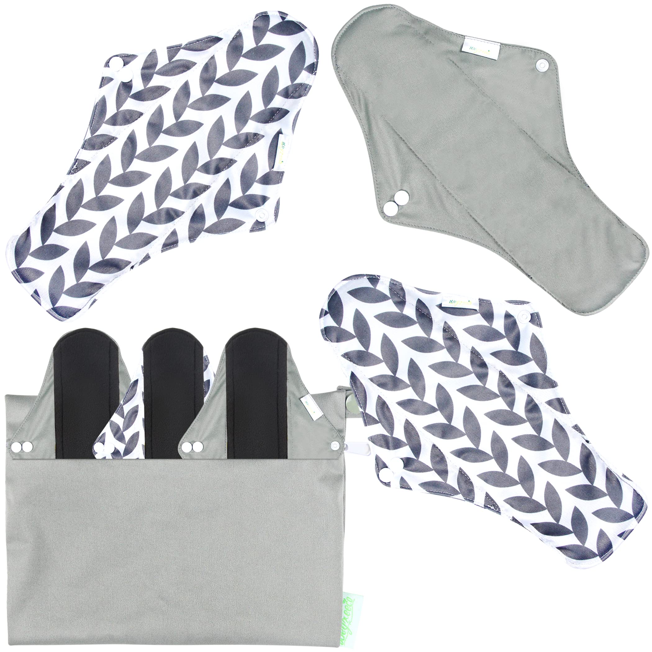 wegreeco Bamboo Charcoal Reusable Menstrual Pads - Reusable Sanitary Pads | Reusable Panty Liners | Soft Cloth Menstrual Pads - 6 Pack with 1 Cloth Mini Wet Bag (X-Large, Luxury)