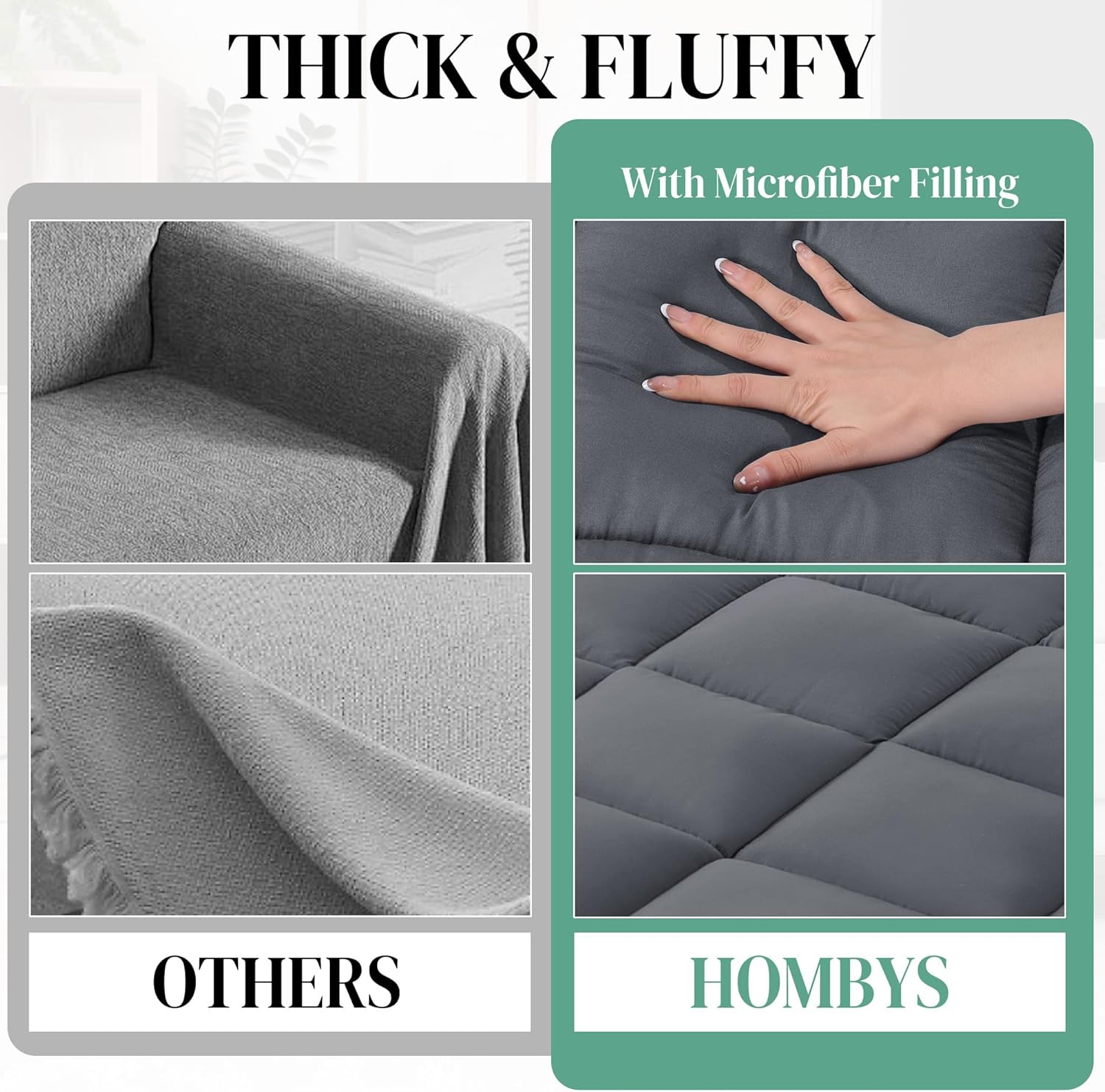 HOMBYS Extra Thick Fitted Futon Mattress Cover Full Size with Anti-Slip Elastic, Plush Down-Alternative Filling for Enhanced Comfort, 100% Polyester Futon Topper, Grey, Cover Only