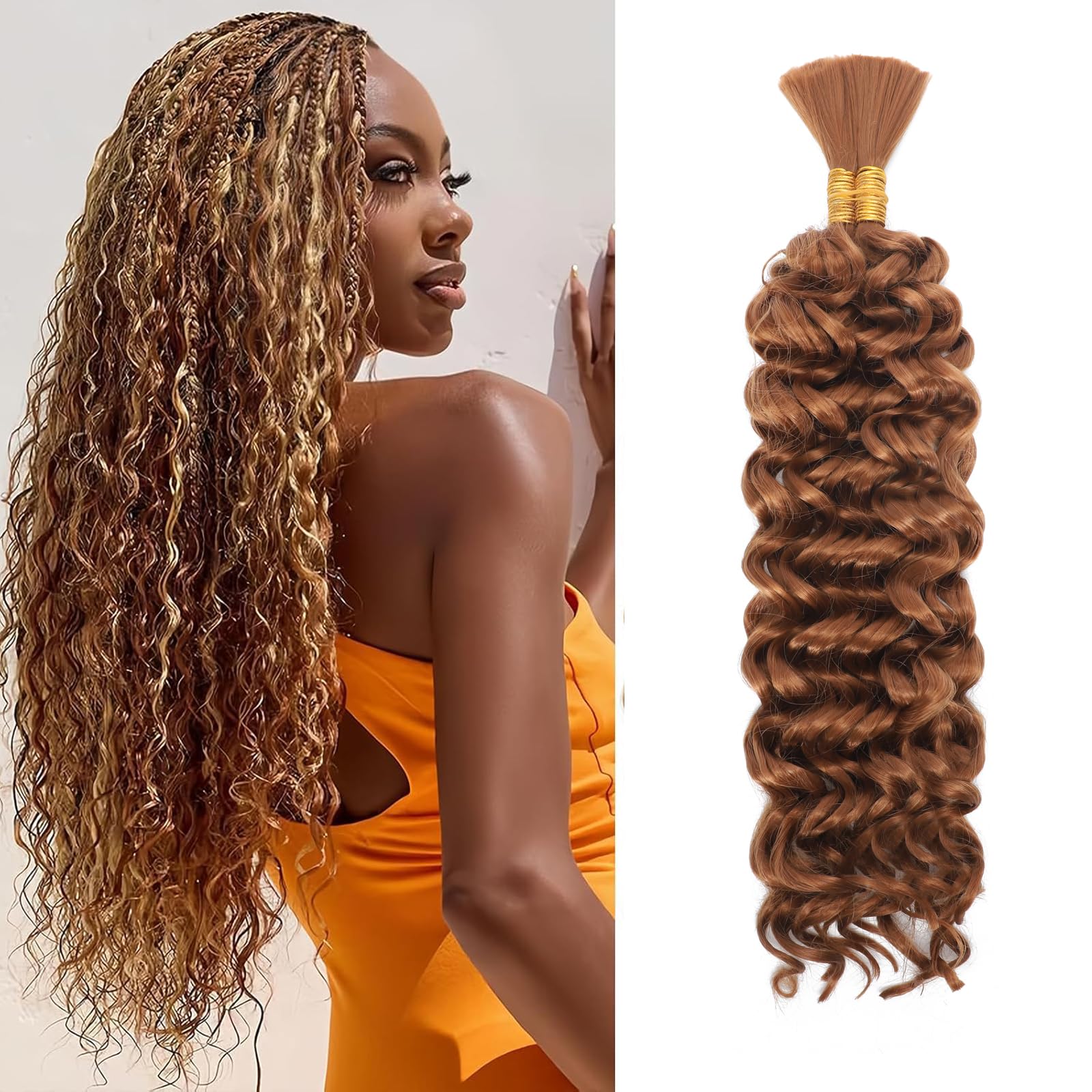 Water Wave Bulk for Braiding 16inch 100g With 2 Bundles Deep Wave Bulk Hair for Boho Braids No Weft Curly Wavy Synthetic Bohemian Braiding Hair Extensions for Women (30#