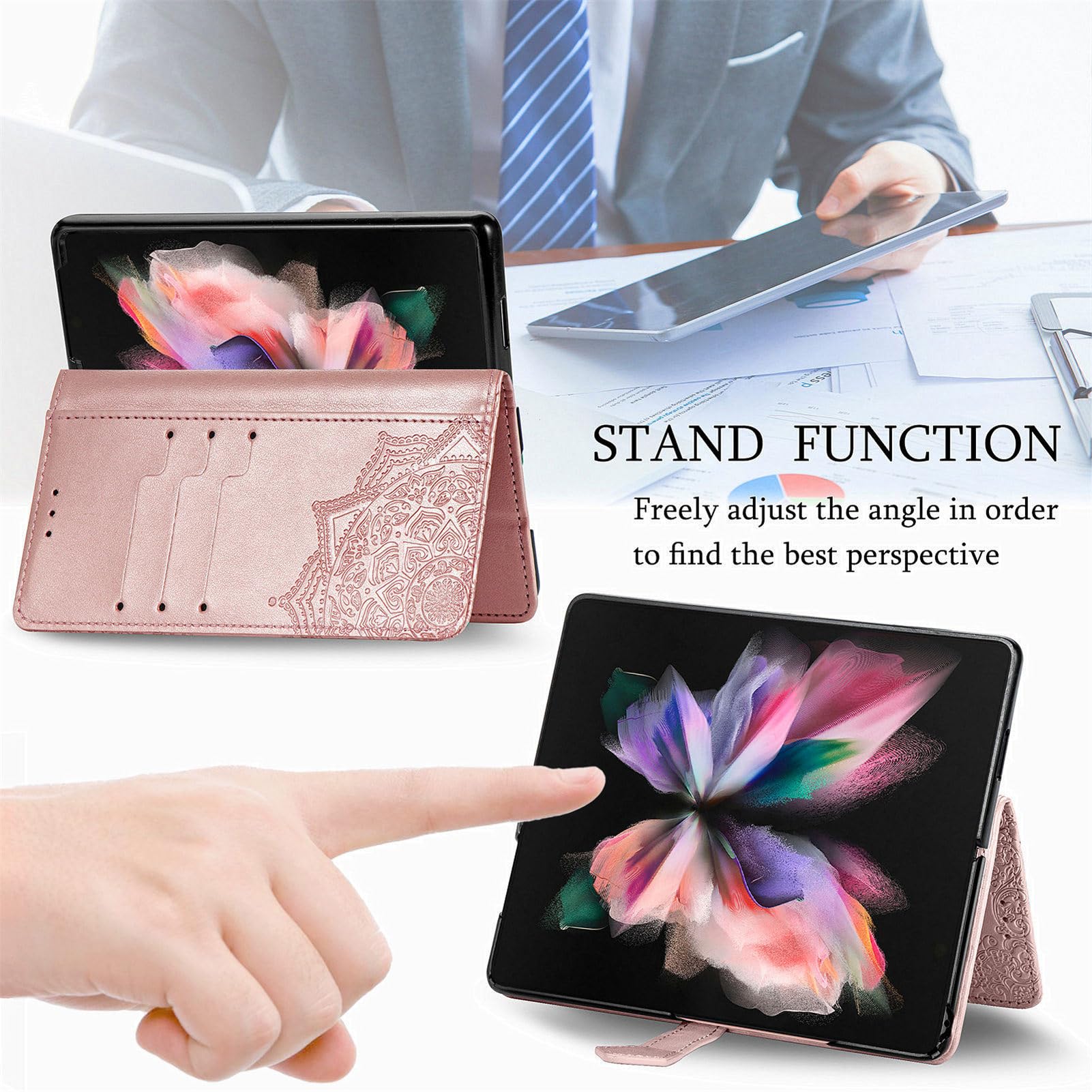 Etui z klapką do Samsung Galaxy Z Fold 5, portfel etui, retro skóra PU, wytłoczone kwiaty, etui folio na karty kredytowe, fioletowy