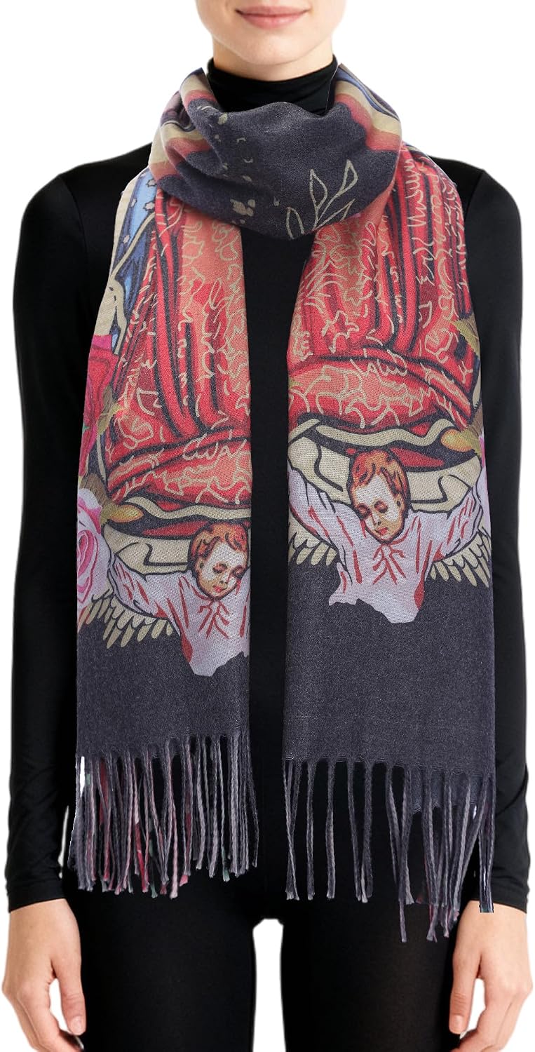 Virgen de Guadalupe Prayer Shawl Scarf Catholic Gifts For Women Mom Mexican Virgin Mary Pashmina Scarves Wrap (Rose Black Red)