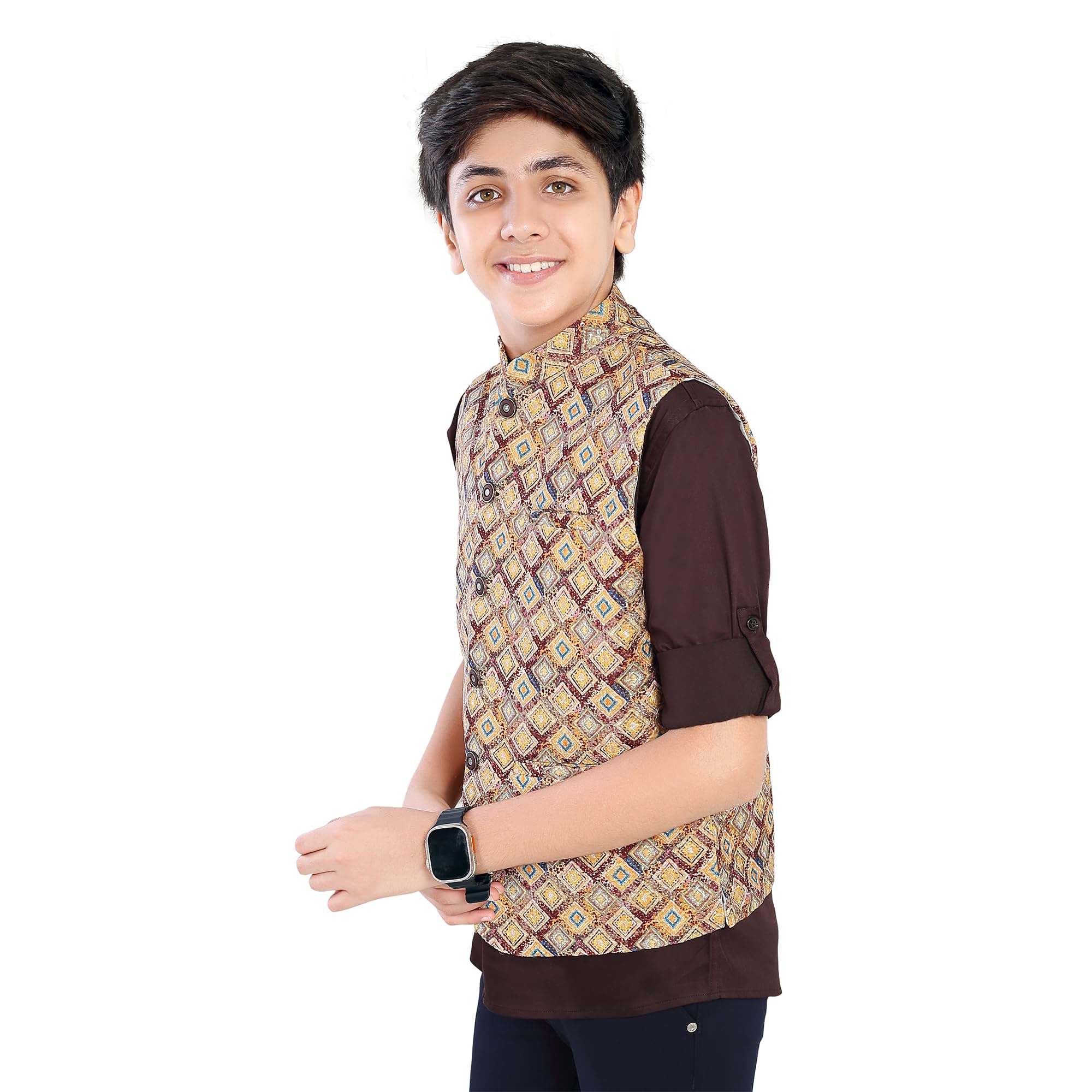 CHARCHIT Boys Yellow Printed Nehru Jacket and Shirt