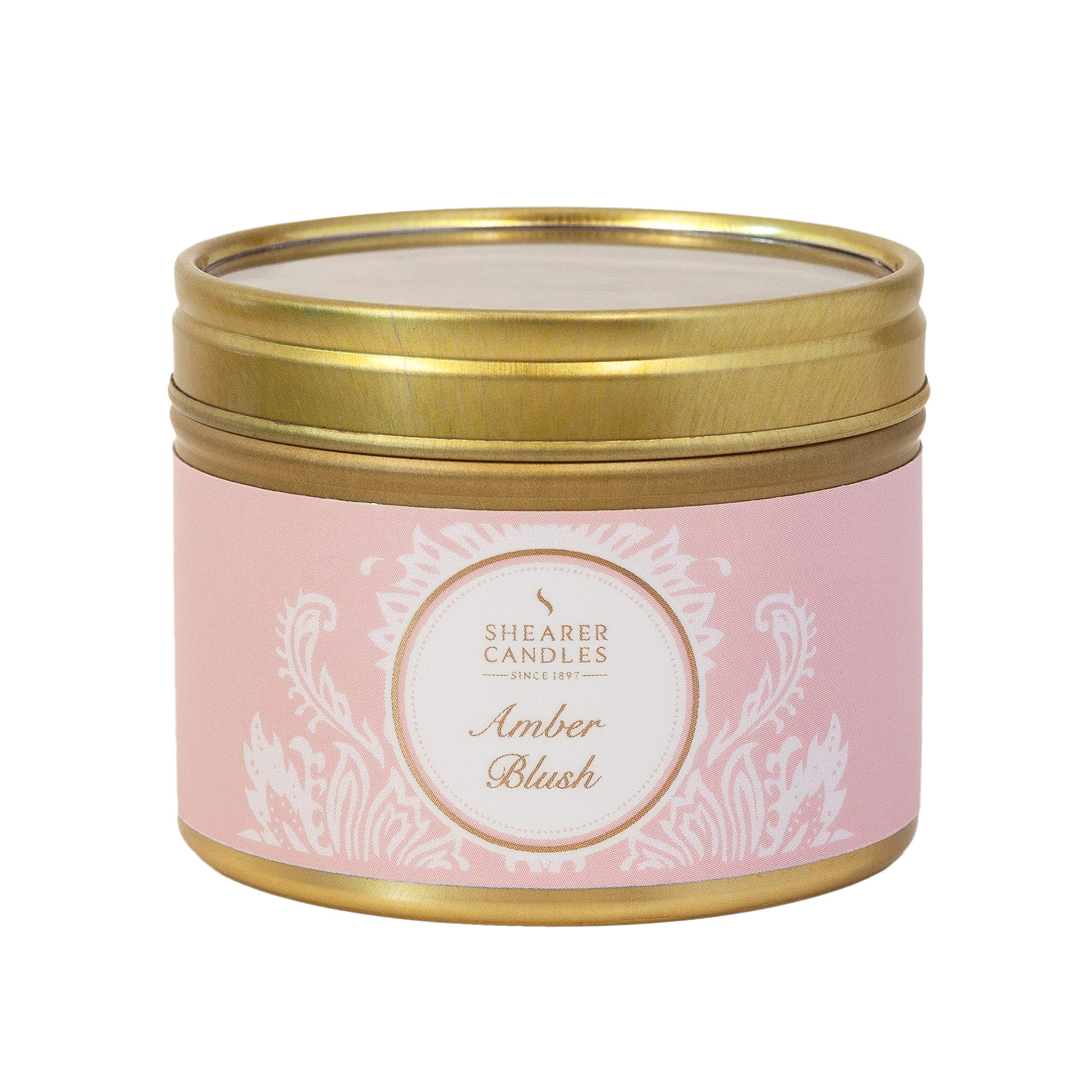 Shearer White, Pink, Gold Candles Amber Blush Small Scented Tin Candle
