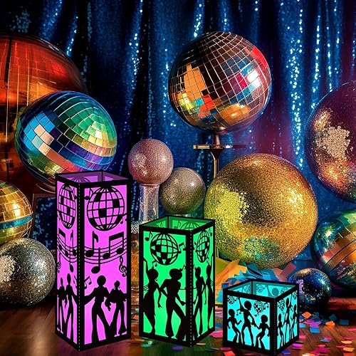 Miniatura 4 de 12 juegos de centros de mesa de discoteca para mesa 3 tamaños 70 bola de disco bailarín cajas de linterna de papel, ideas de mesa para decoración de