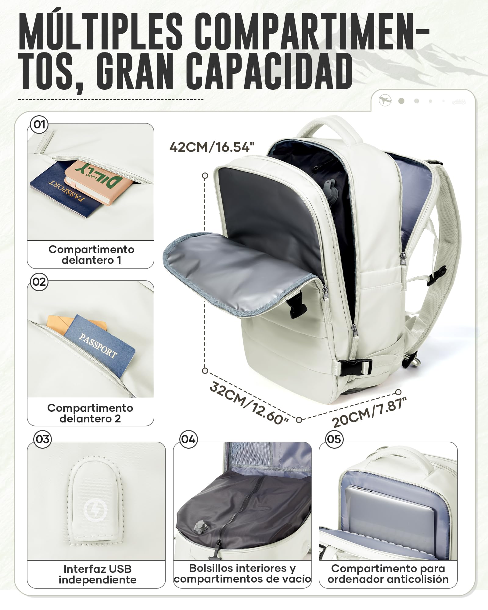Mochila de Viaje al Vacío con Bomba, Impermeable Mochila de Compresión al vacío, Mochila Viaje Cabina 40x30x20 Ryanair con Sistema de Compresión Hombre y Mujer Beis