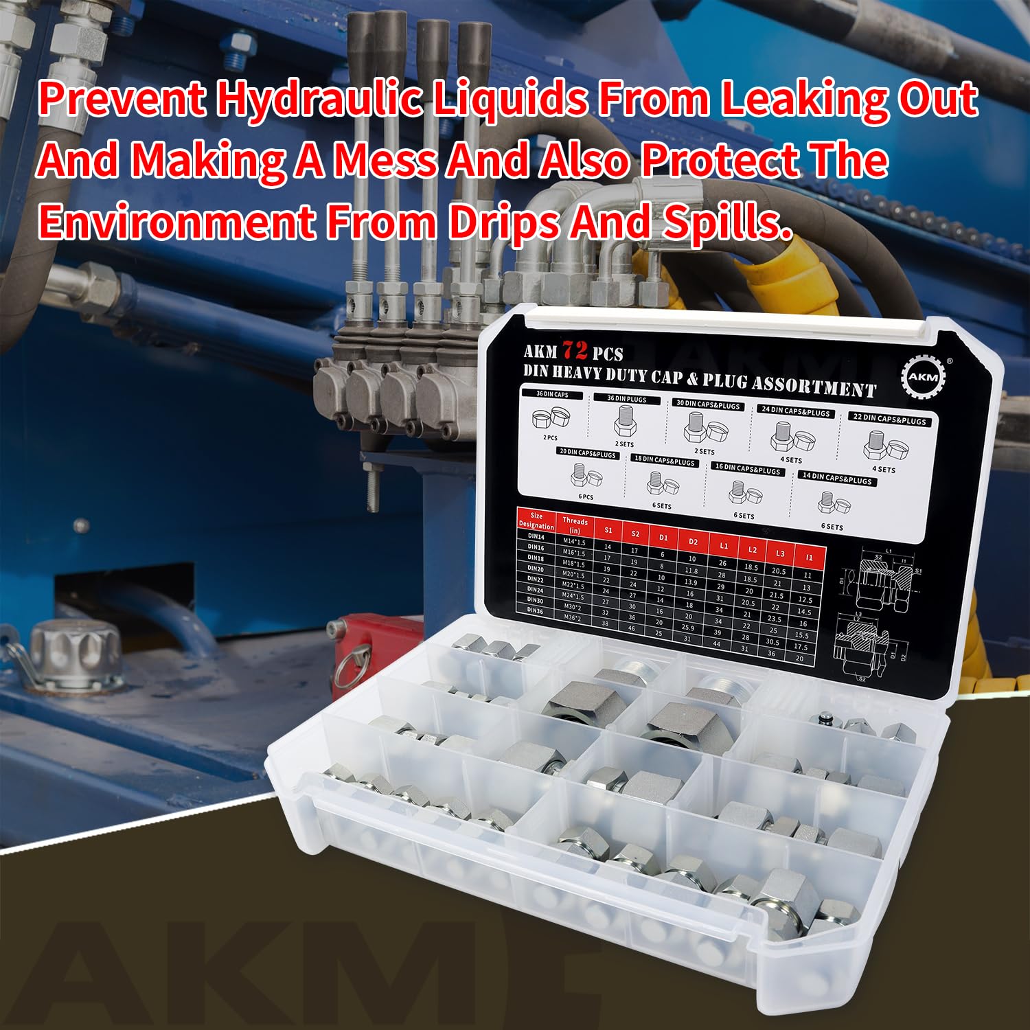 AKM 72-teiliges DIN-Sortiment, Hydraulikadapter-Set, verzinkter Stahl mit Präzisionsgewinde, Größen 14, 16, 18, 20, 22, 24, 30, 36