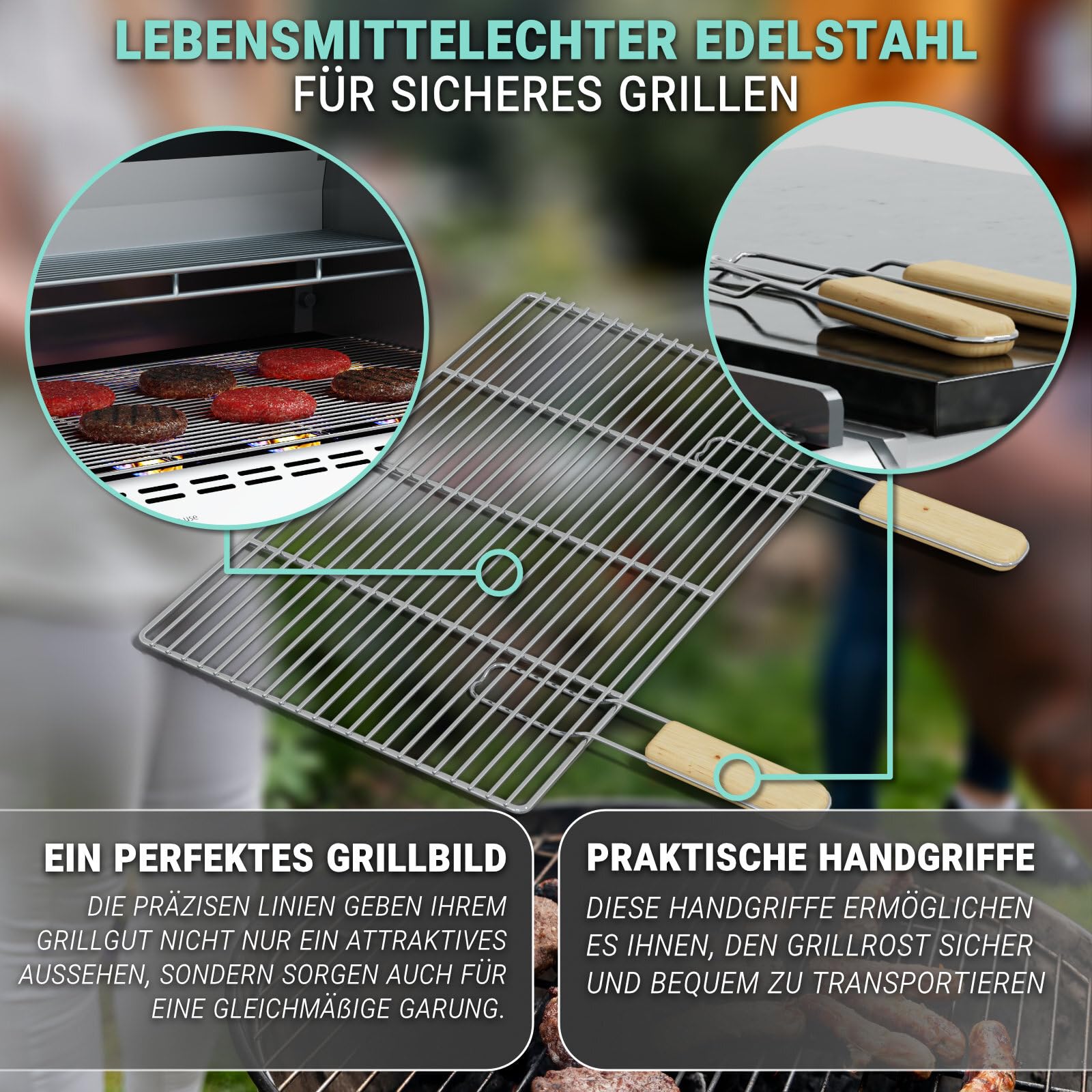 HAGO Edelstahl Grillrost | Eckig 54x34cm | Ersatzrost | Grillgitter | Grillgitter | universal | mit Griffen | Edelstahl | massiv | Gasgrill | Kohlegrill