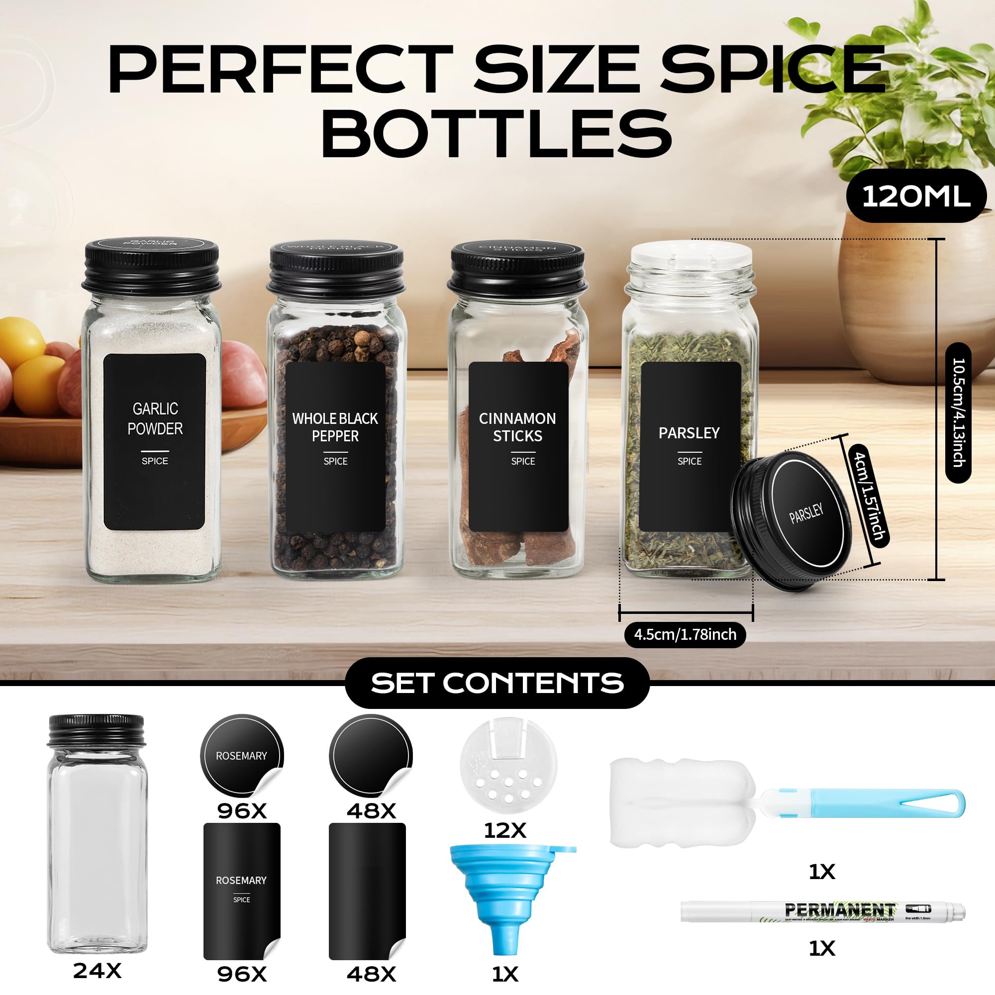 24 Pièces Pot à ÉPices Carrés Noirs avec Couvercles à Visser, 120 ml (10,5 X 4,5 cm) Bocaux à Épices, Bocal Epices avec Tamis, Pot Epices Verre avec 288 Étiquettes Pour Cuisine (24, 120ml)