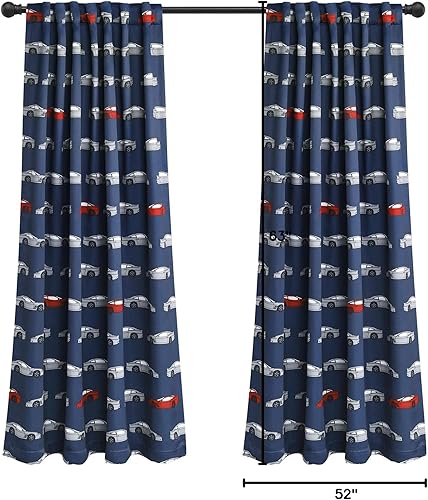 Miniatura 4 de Lush Decor Race Cars - Juego de cortinas para ventana con filtro de luz, 52 pulgadas de ancho x 63 pulgadas de largo, azul marino y rojo