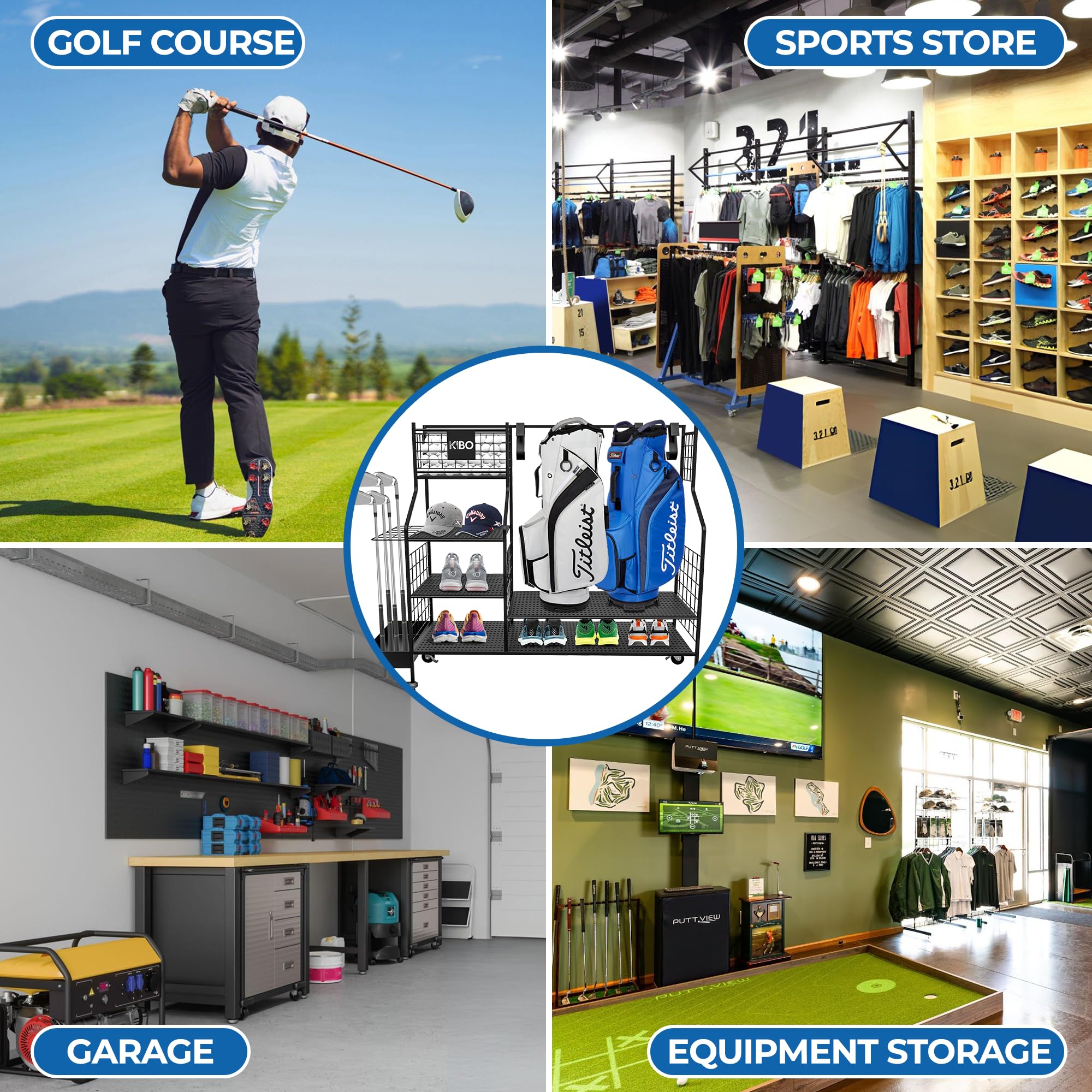 KIBO Organiseur de golf – Support de rangement de golf, noir avec roulettes, club de golf et sac de rangement, présentoir de garage pour accessoires de golf, y compris autocollants d'impact de golf