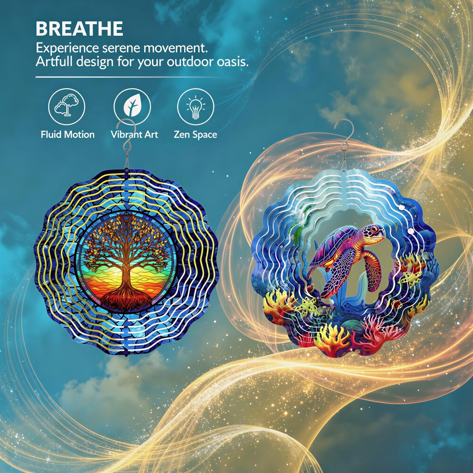 2 STK. 11,8 Zoll Garten Wind Spinner für draußen, 3D mehrlagiger Edelstahl Windspinner mit Baum des Lebens und Meeresschildkröte, Drehdeko für Terrasse, Veranda, Balkon, Garten