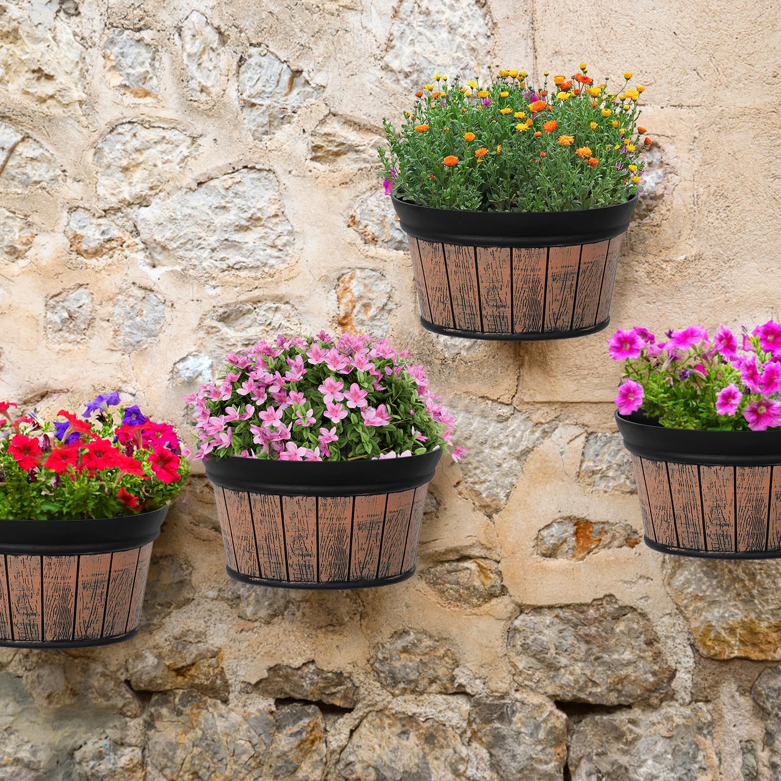 Set 3 Vasi da Fiori da Parete, Set di Vasi Distressed in Quercia, Vasi da Fiori in Plastica Rinforzata con Serbatoio per Acqua per Piante, Fiori, per Interni, Esterni, Ringhiere o Decorazioni