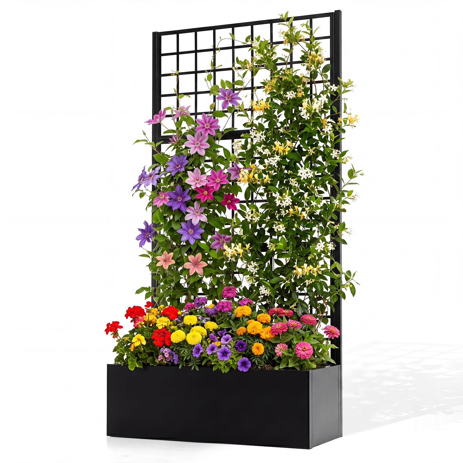 COSTWAY Blumenkasten mit Rankgitter, Pflanzkasten aus verzinktem Metall | Pflanzkübel Sichtschutz, Hochbeet mit Spalier & Abflusslöchern, Rankhilfe für Kletterpflanzen Garten Terrasse, 180,5 cm hoch