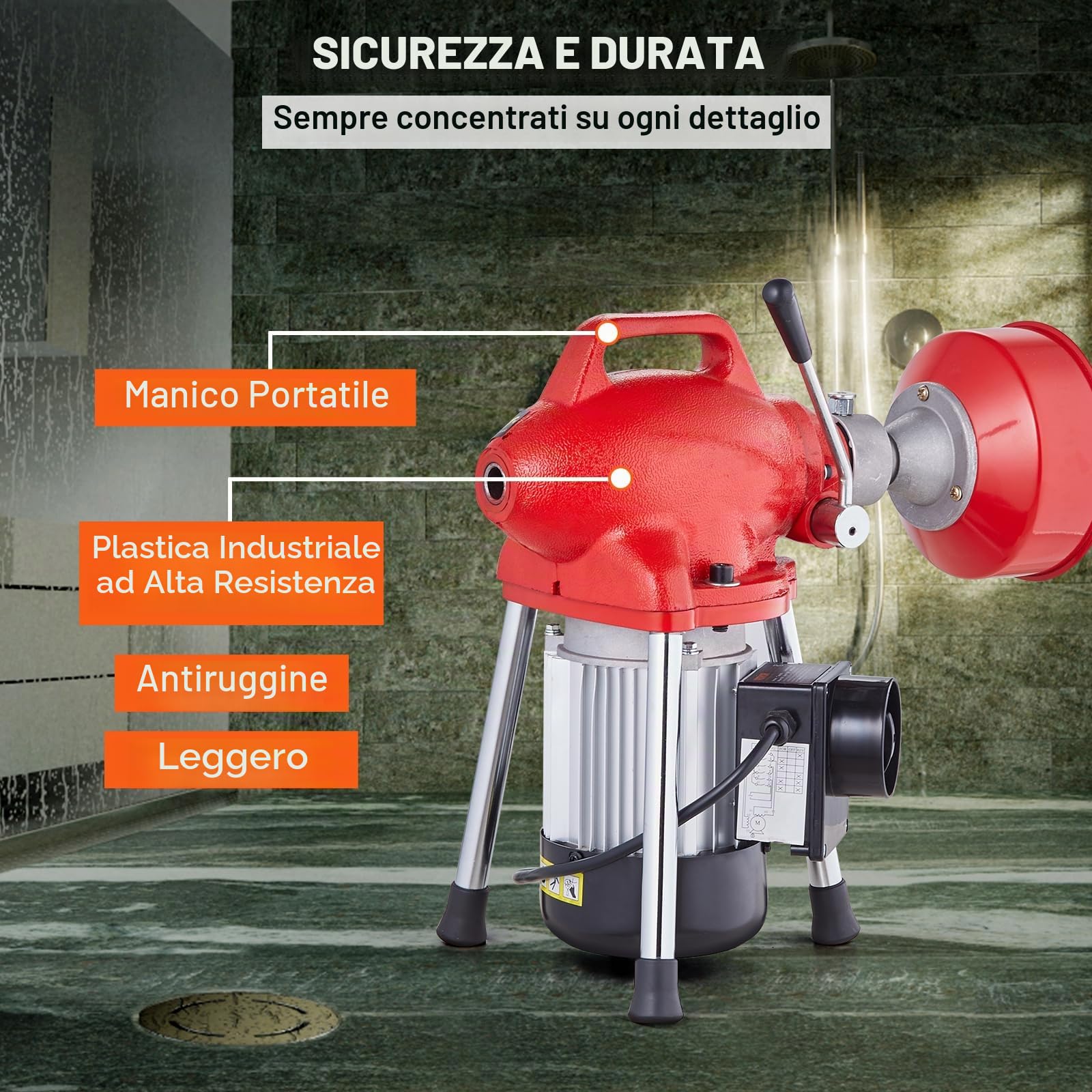 VEVOR Sturatubi Elettrico 20 mx 16 mm Macchina Pulisci Tubi 250 W Alimentazione Manuale 7 Taglierine, 2 Cavi in ​​Acciaio 20 mx 16 mm/4,6 mx 9,5 mm, Comando CW/CCW per Tubi da 4-10 cm