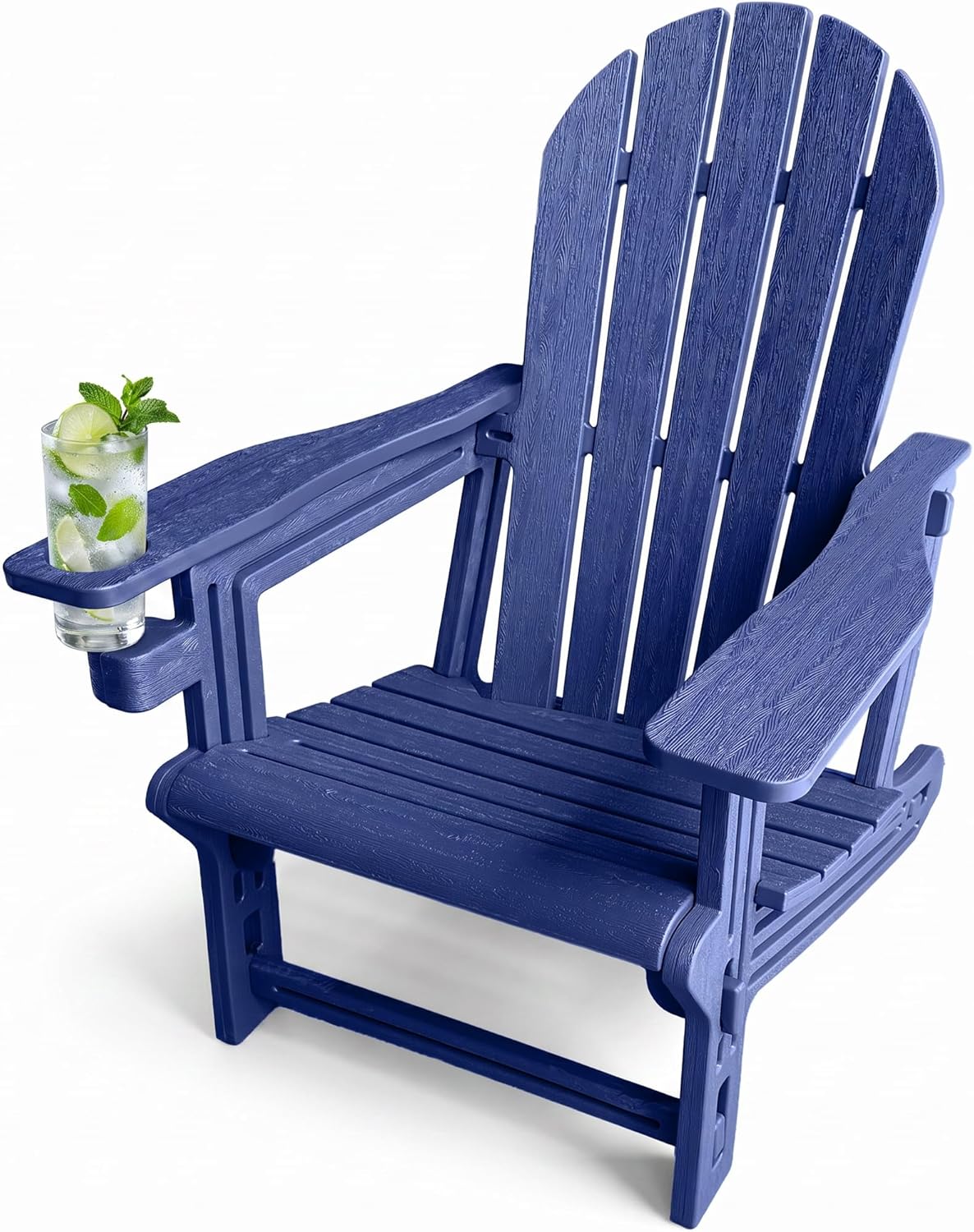 Adirondack Chair with Cup Holder,Tool-Free Assembly,No Screws Needed,All-Weather HDPE Plastic Outdoor Patio Chair,Wood-Grain Slatted Look,Easy to Take Apart for Storage,Fire Pit Chairs(Navy blue)