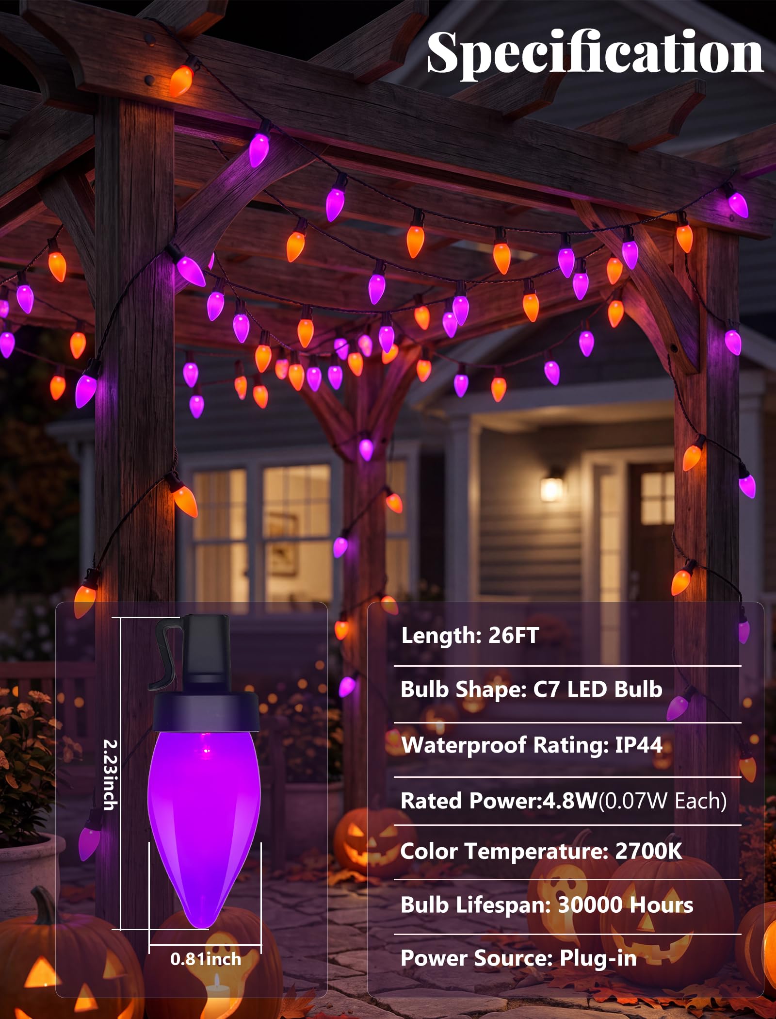 Guirlande lumineuse d'extérieur de 8 m avec 50 ampoules LED C7 et 2 de rechange, étanchéité IP44, certifiée UL pour décorations d'Halloween et de Noël (violet et orange)
