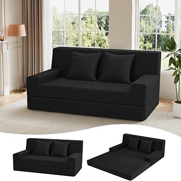 MeMoreCool Folding Sofa Bed Boneless Couch, 59" Loveseat Convertible Futon, Corduroy Foldable 2-in-1 Floor Sleeper for Small Living Room, Apartment, Guest Room, Foam Support & Washable Cover, Black