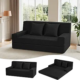 MeMoreCool Sofá cama dobrável sofá sem ossos, futon conversível de 150 cm, veludo cotelê dobrável 2 em 1 para sala de estar pequena, apartamento, quarto de hóspedes, suporte de espuma e capa lavável