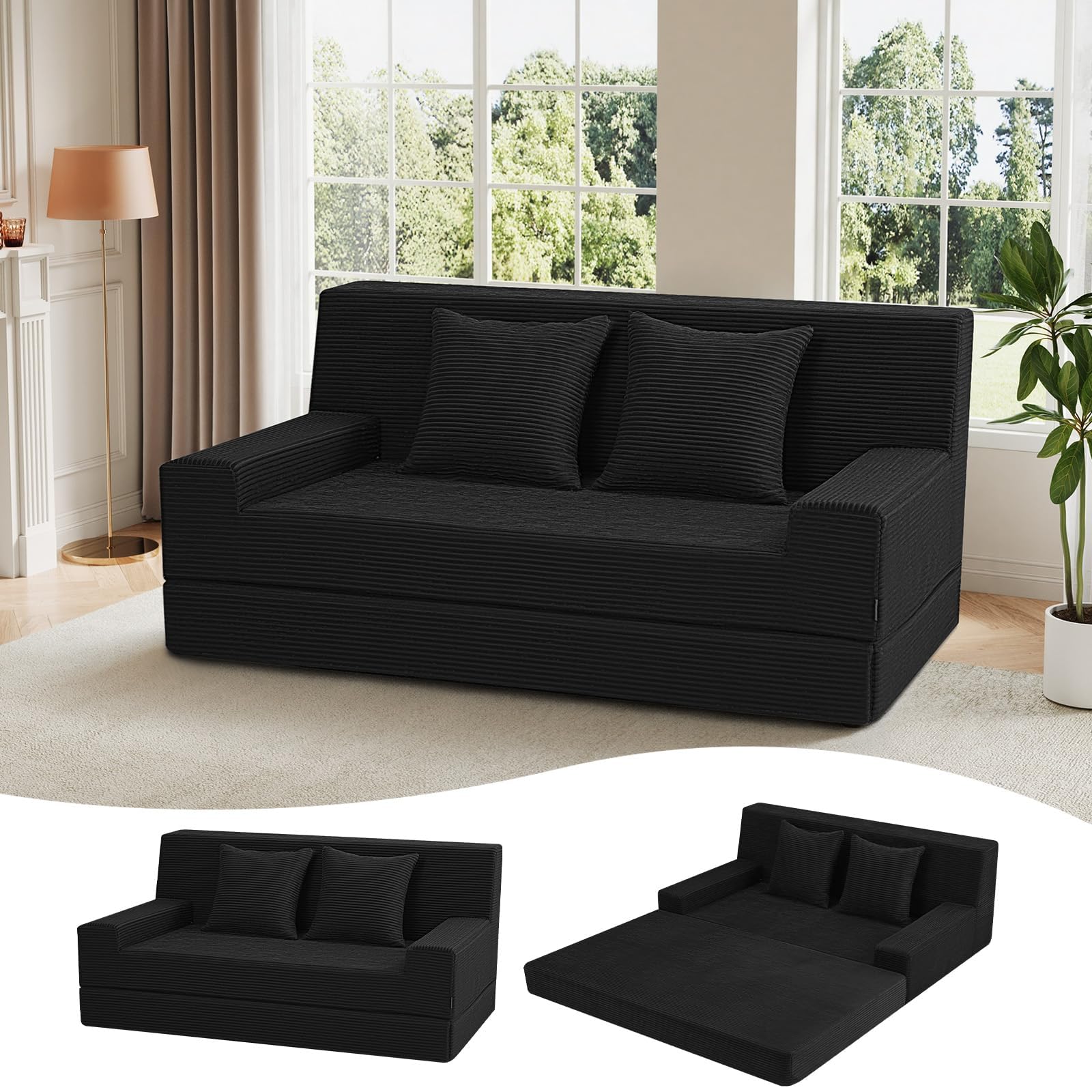 MeMoreCool 59" Boneless Couch Bed, Loveseat Futon Sofa, Small Space, Black | 59 in loveseat, opens to a 59 x 71 in bed - 9 in shorter than a queen; corduroy cover, 700 lb
