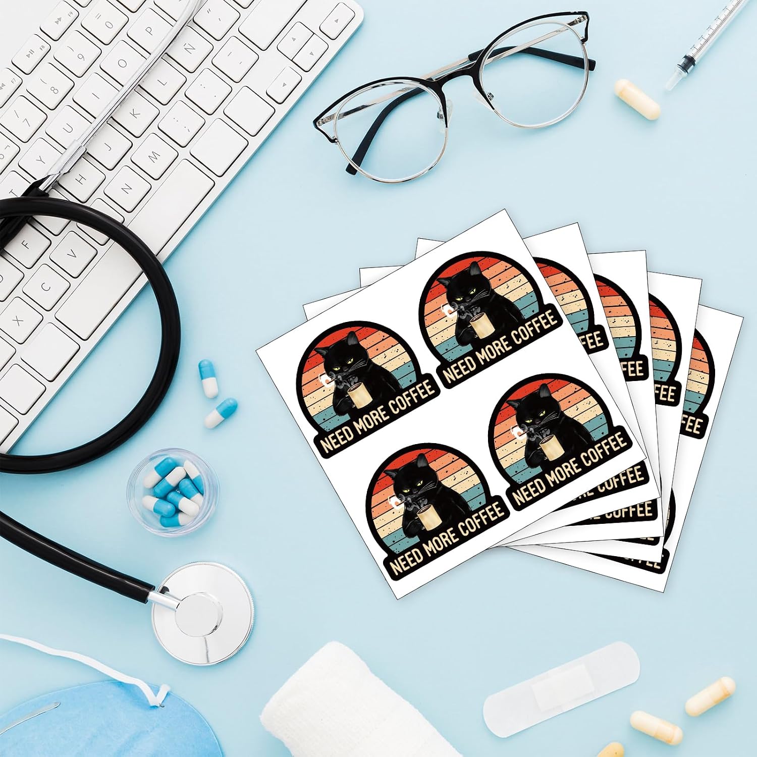 YAZMEEN 20 Pcs Funny Black Cat Coffee Stickers 2.5" Need More Coffee Nursing Stickers Decals for Water Bottle Laptop Phone Funny Work Accessories for Nurse Doctor Teacher Coworker Medical Staff image 3