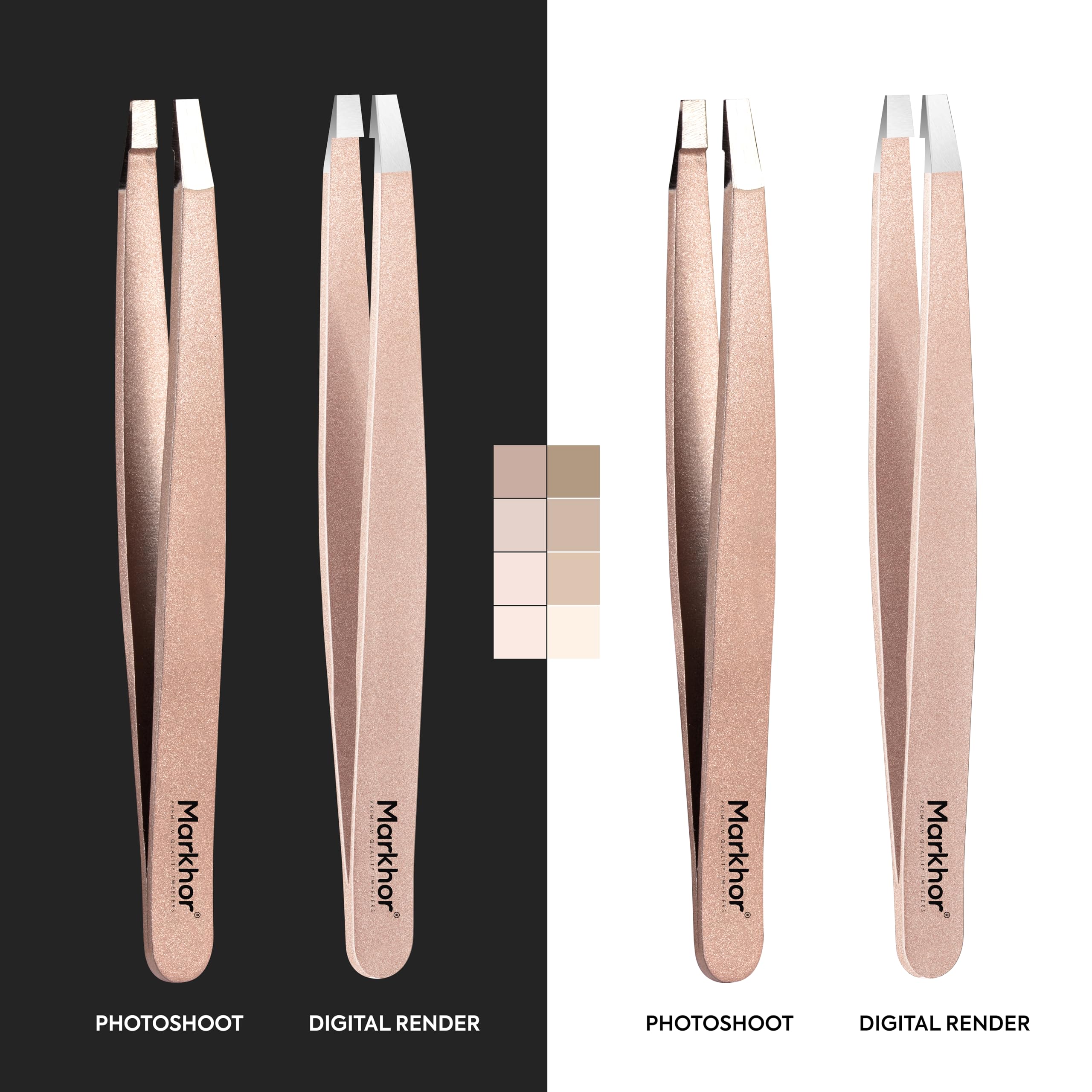 MARKHOR® Rose Gold - Set Profesional de Pinzas de Precisión y Pinzas Depilar para Cejas Vello Facial Astillas y Pelos Encarnados - Acero Inoxidable con Estuche (Pack de 4)