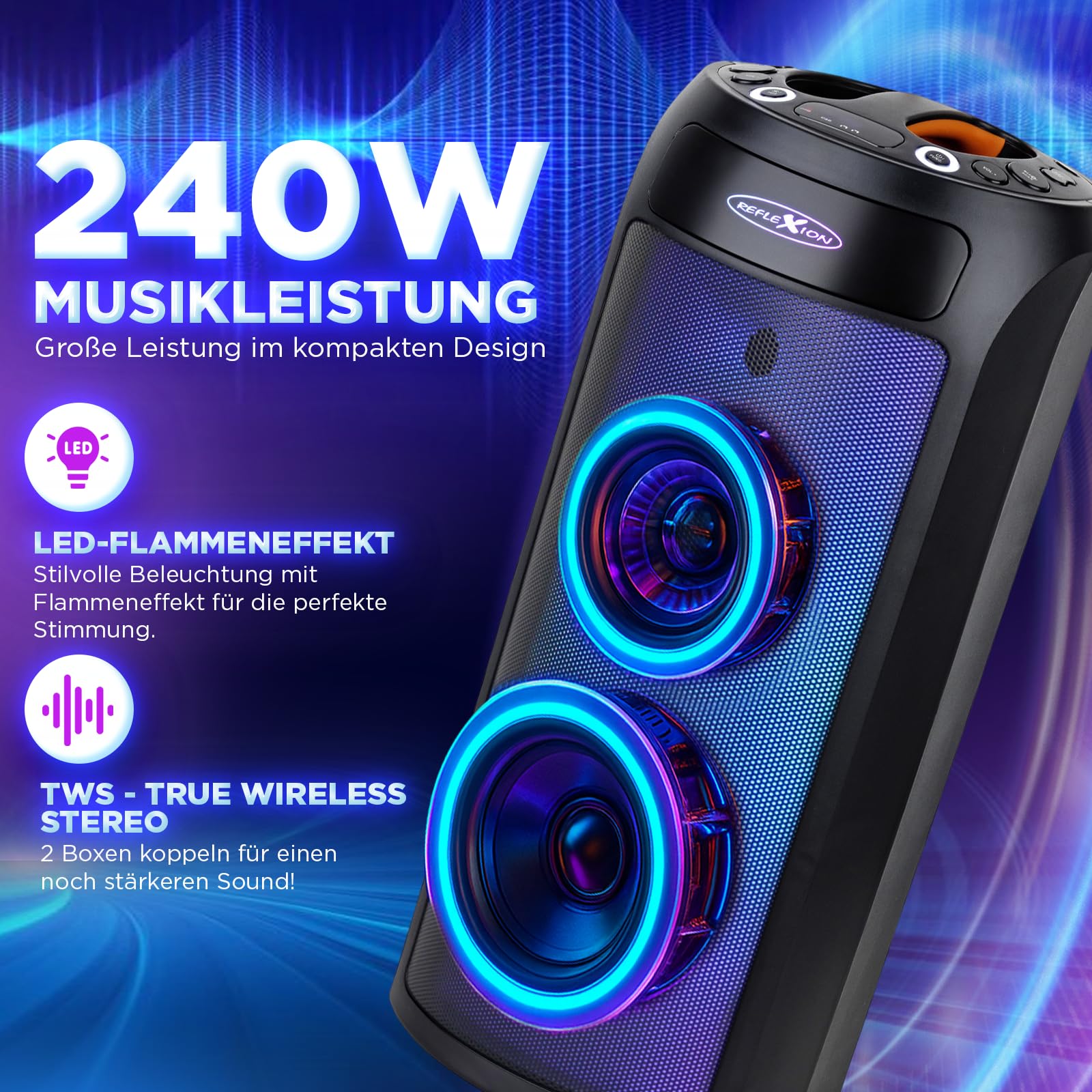 REFLEXION PSX30BT 240W Bluetooth Lautsprecher mit LED-Flammenlicht – Tragbarer TWS Speaker mit Mikrofon-Eingang, USB/AUX/FM-Radio – Leistungsstarker Sound für Party, Outdoor & Karaoke