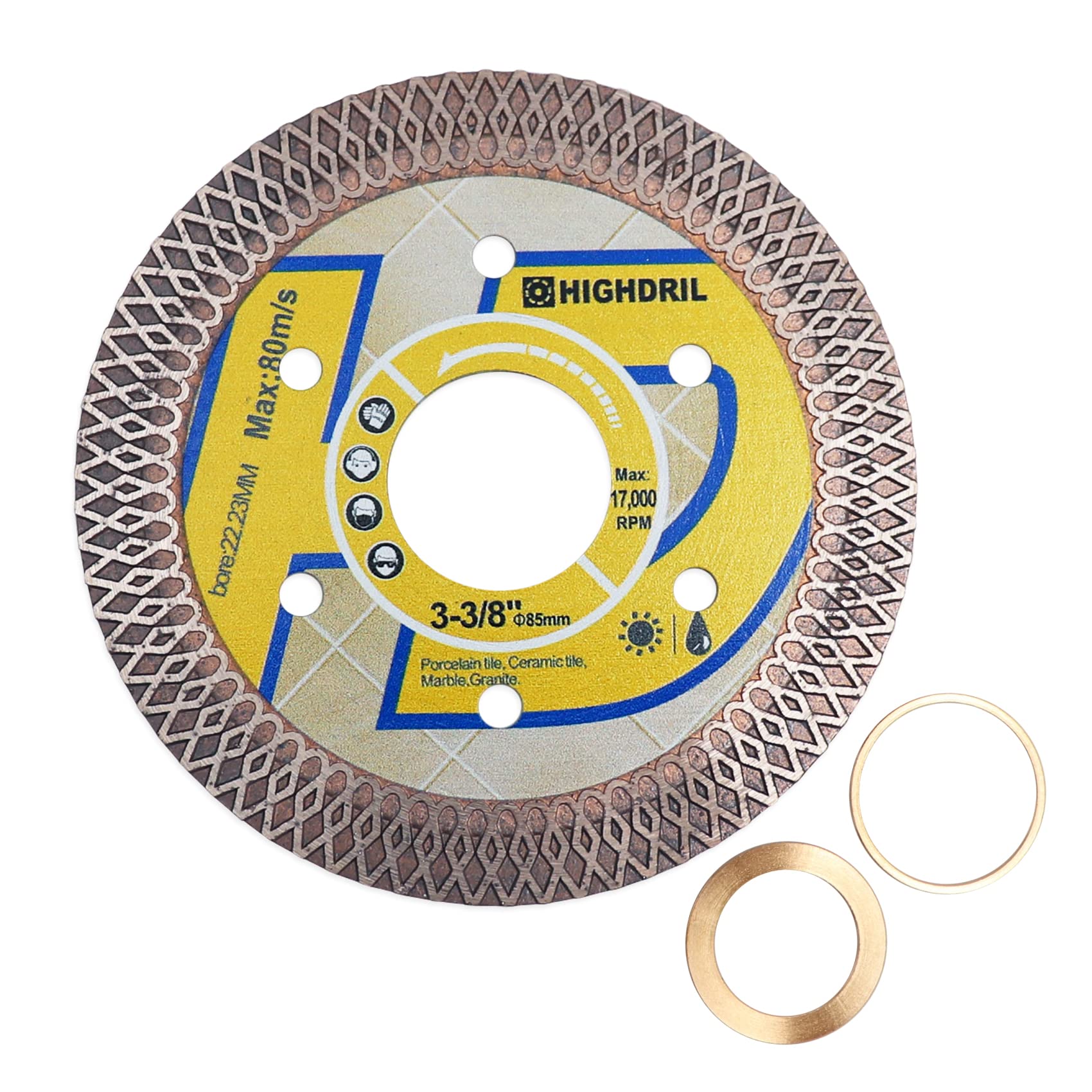 HIGHDRIL Diamond Saw Blade - 85MM/3-3/8 Inch Diamond Tile Blade Disc Cutting Porcelain Tile Ceramic Granite Marble Dry or Wet Use Circular Saw Blade with Turbo X Mesh — image 1