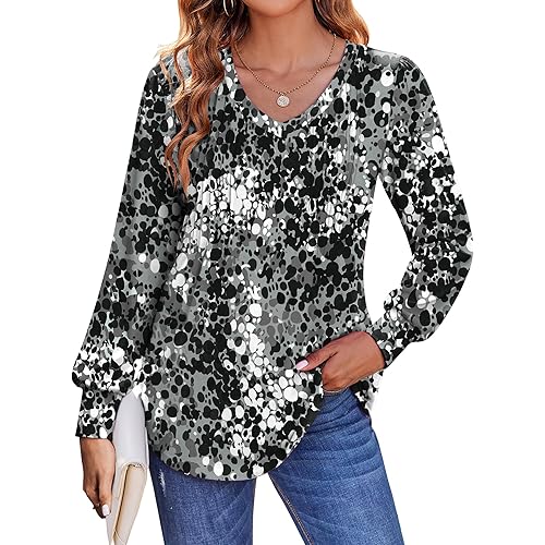 Zeagoo Women's Puff Long Sleeve Shirts Pleated V Neck Fall Tunic Tops Blouse Dressy Casual Summer T-Shirts
