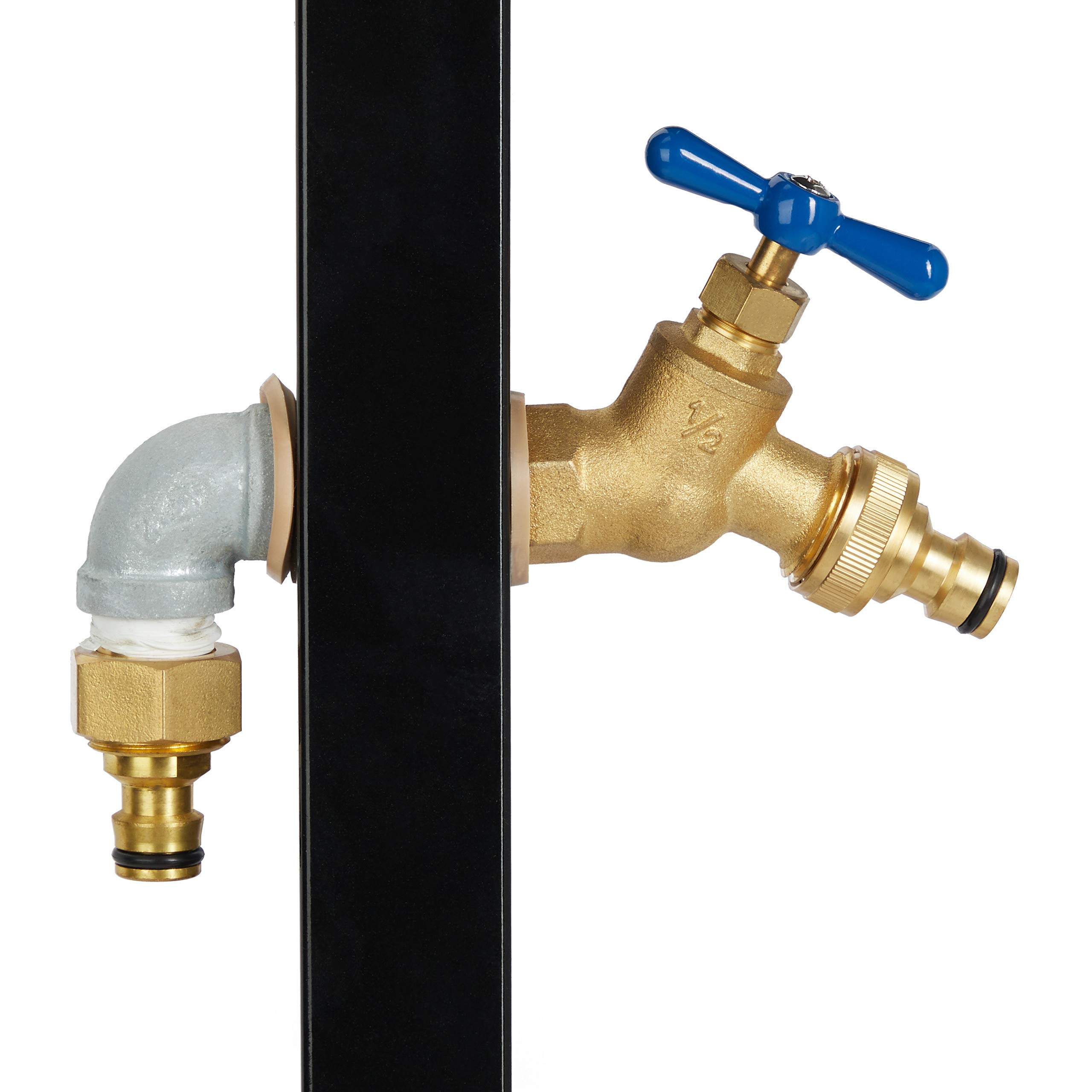 Relaxdays Porte-Tuyau d’arrosage avec Robinet, 2X connecteurs 3/4", adaptateurs 1/2" Inclus, Acier, 107,5x33x18 cm, Noir