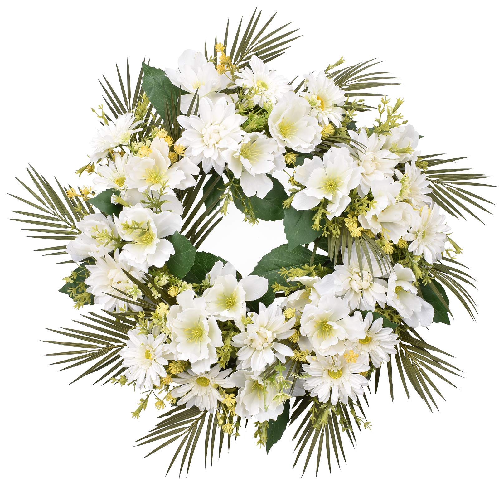 Wreath for Front Door 22-24 Inch, Artificial Dahlia & Chrysanthemum Spring Summer White Flowers Green Leaves Wreaths for Holiday Farmhouse Home Outdoor Wedding Party Wall Windows Decor