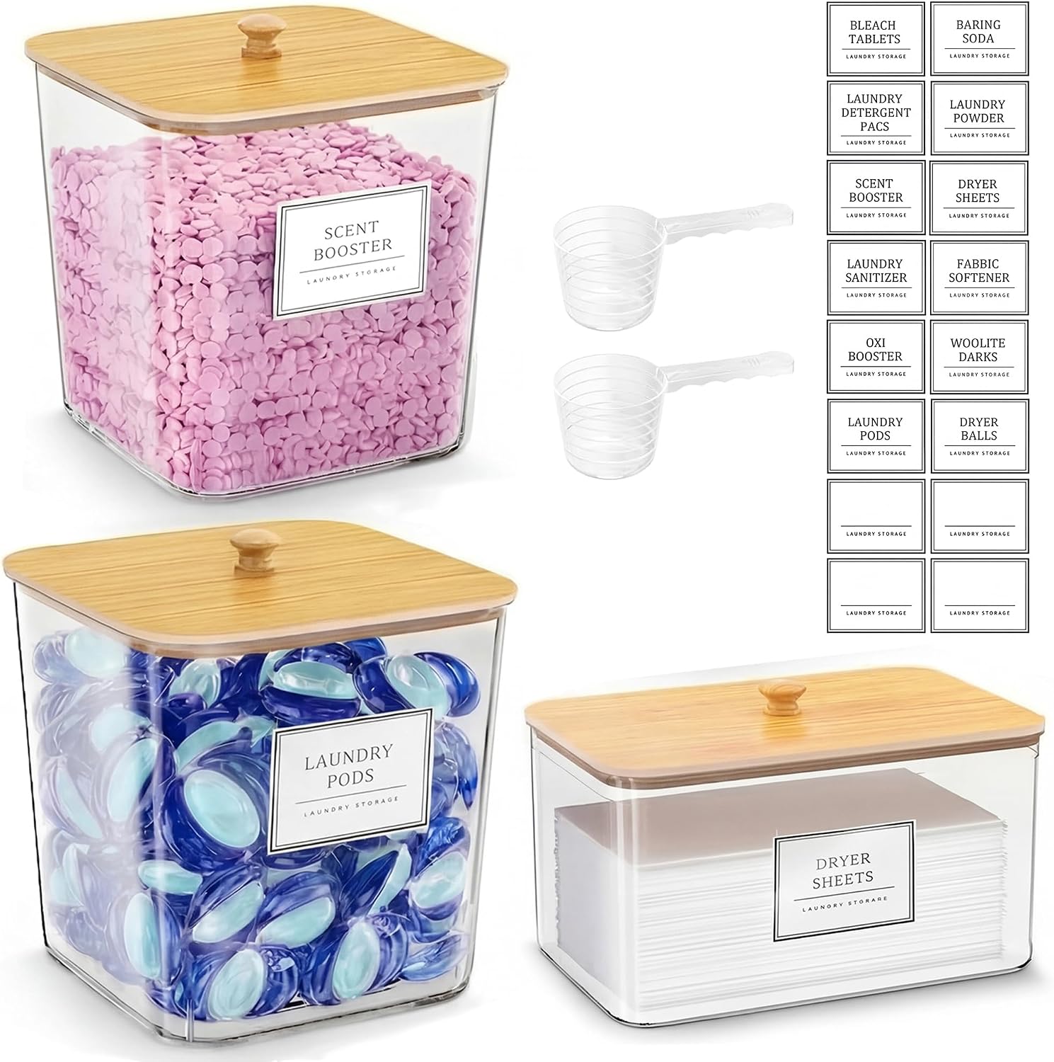 FUSHITON Laundry Pods Storage Container, 2+1 Set Clear Storage Bins with Bamboo Lids for Detergent Pods, Scent Beads & Dryer Sheets, Includes 16 Labels and 3 Measuring Scoops