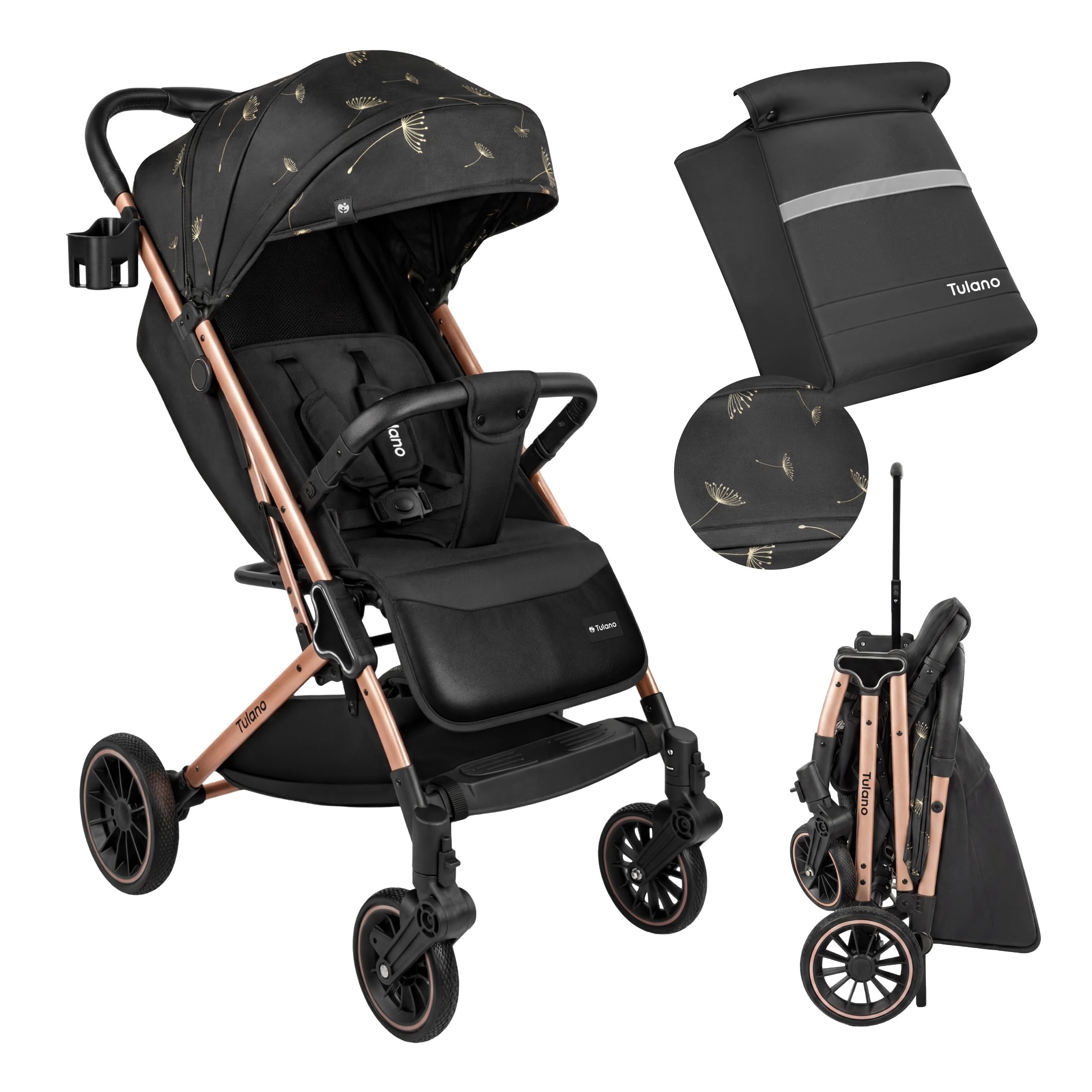 TULANO Lagos 35 Kinderwagen Buggy Klein Zusammenklappbar Reisebuggy mit Liegefunktion Trolley-Funktion Zubehör Flugzeug Handgepäck Baby Buggy bis 15 kg Beige/Geld