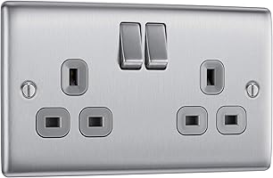 BG Electrical NBS22G Double Switched Power Socket, Brushed Steel