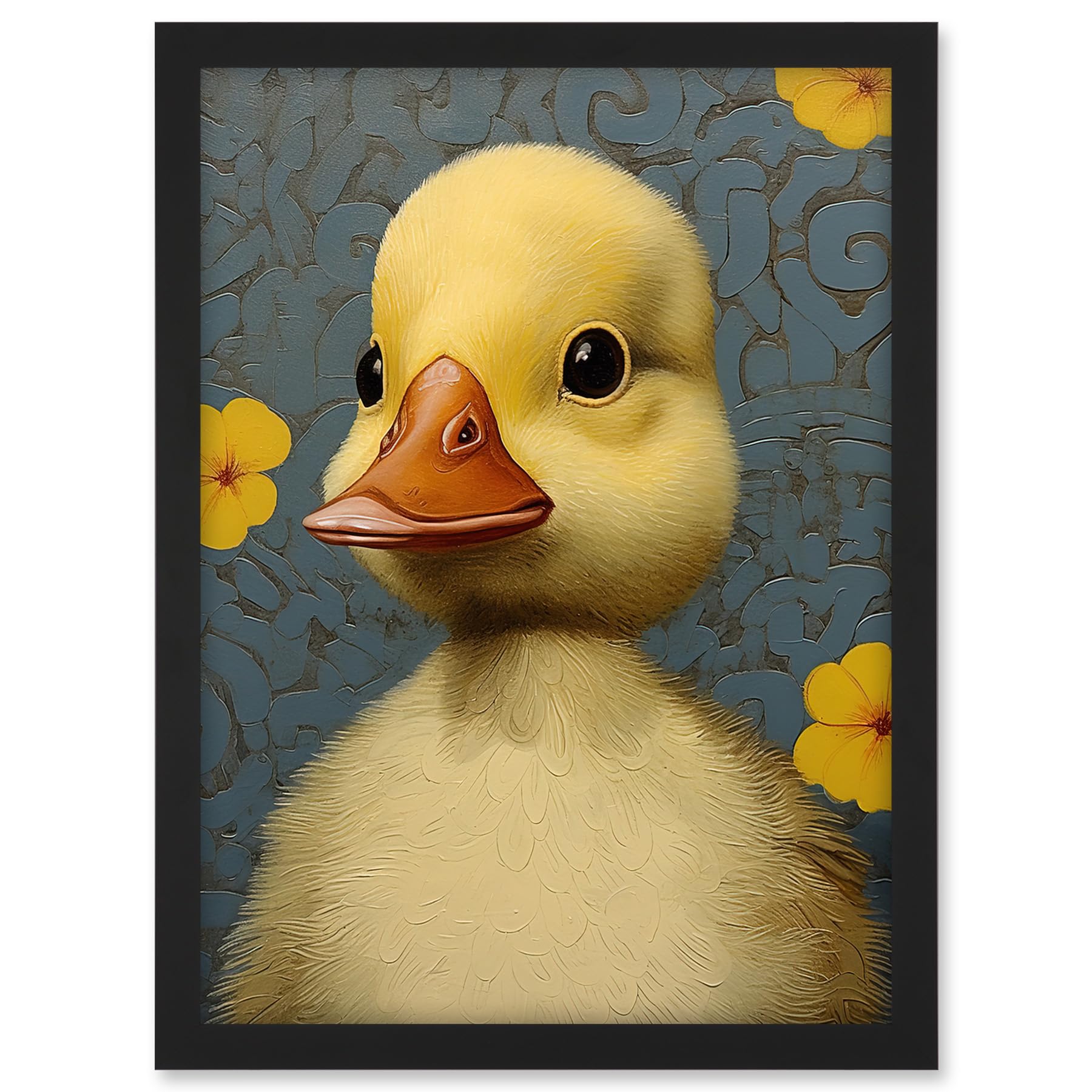 Artery8 Duckling with Flowers Oil Painting Kids Bedroom Baby Nursery Duck Artwork Framed A3 Wall Art Print