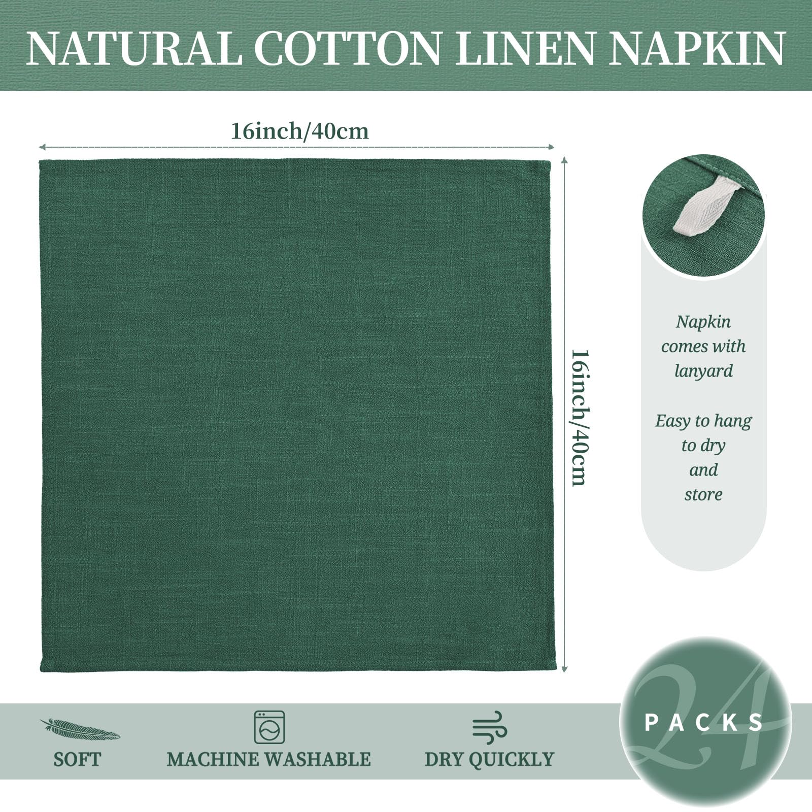 Showgeous Lot de 24 Serviettes en Lin et Coton, 40 x 40 cm, Serviettes en Tissu mélangé de Coton et de Lin, lavables et réutilisables pour Mariage, dîner(Foncé Vert)