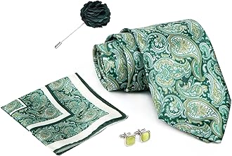 RIZORO Tie for Men – Paisley Silk Neck Ties Set with Cufflinks Flower Pin, Pocket Square & Black Gift Box, Combo Necktie Sets for Office Wear, Formal Suits & Weddings (Light Green, RPL_31)