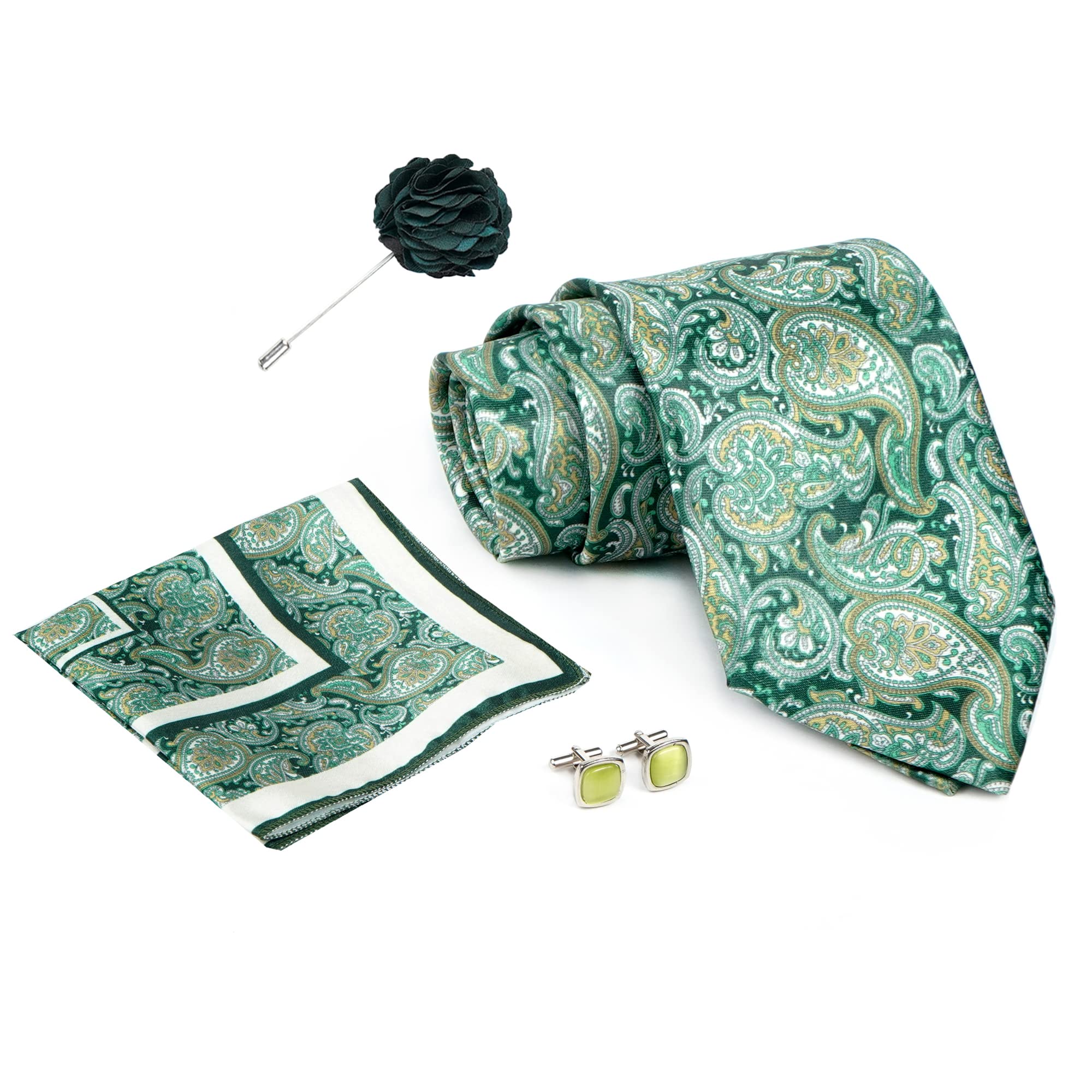 RIZORO Tie for Men – Paisley Silk Neck Ties Set with Cufflinks Flower Pin, Pocket Square & Black Gift Box, Combo Necktie Sets for Office Wear, Formal Suits & Weddings (Light Green, RPL_31)