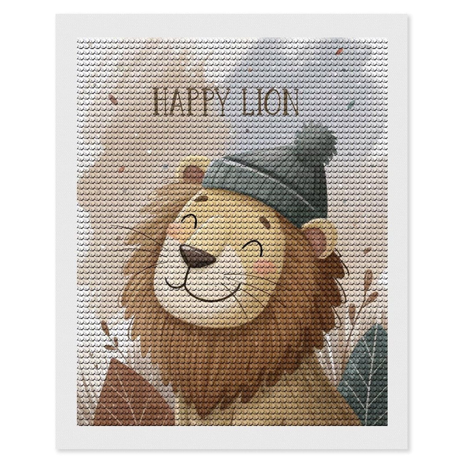 Junmoney Happy Lion Wearing A Beanie Diamond Painting Set 16"x20", Sparkling Round Gems, Decorate Your Room, Fun Craft Experience, Modern Decor