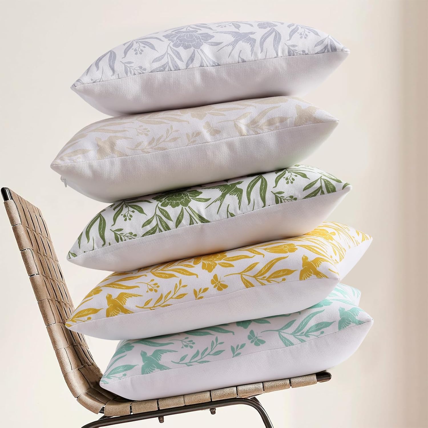 decorUhome Floral Throw Pillow Covers 20x20 Inch Set of 2, Sage Green Vintage Block Print Linen Spring Pillow Covers, Rustic Neutral Toile Farmhouse Decorative Square Pillowcases for Couch Sofa