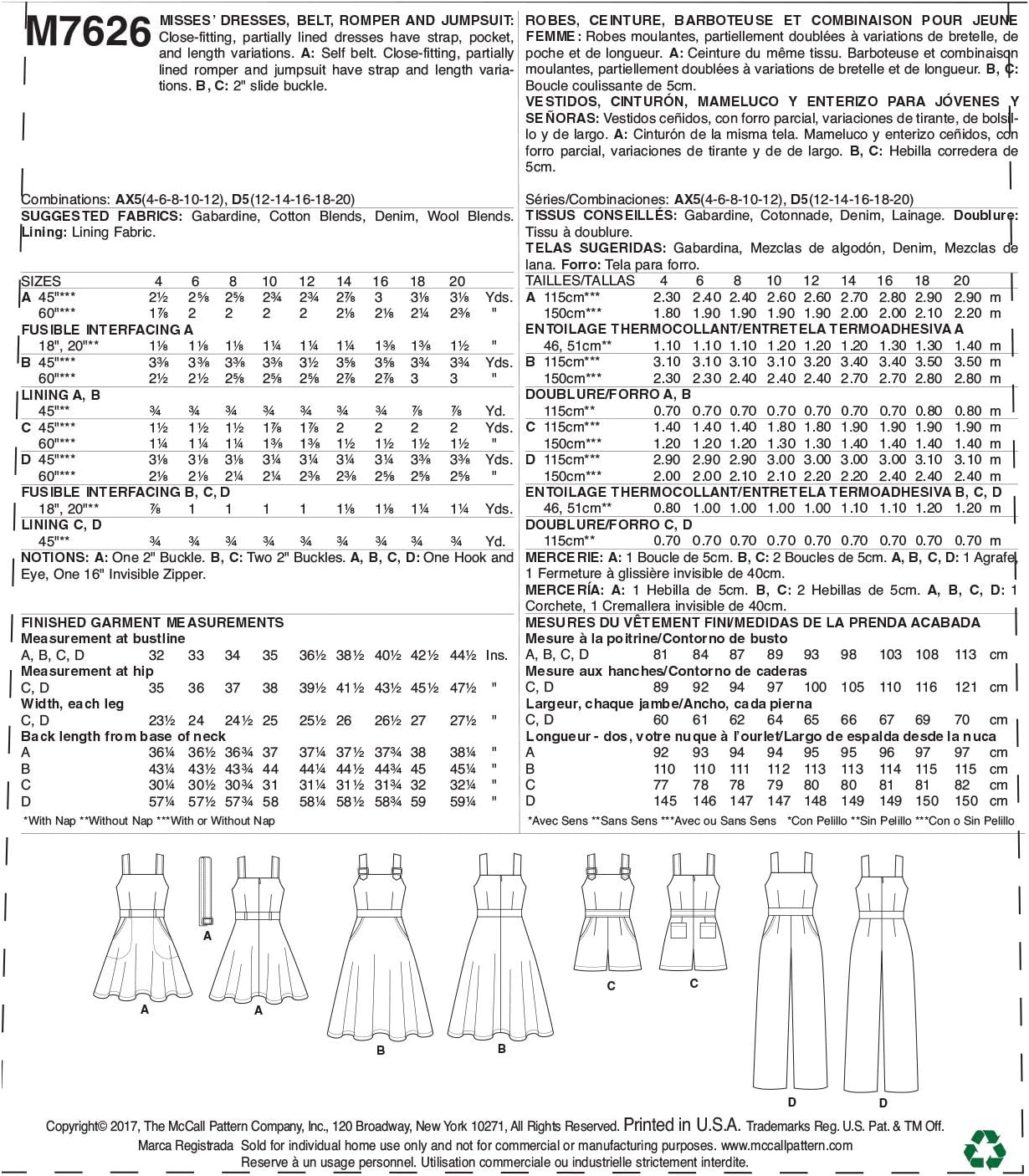 McCall's Patterns Misses' Dresses, Belt, Romper, Pockets Jumpsuit