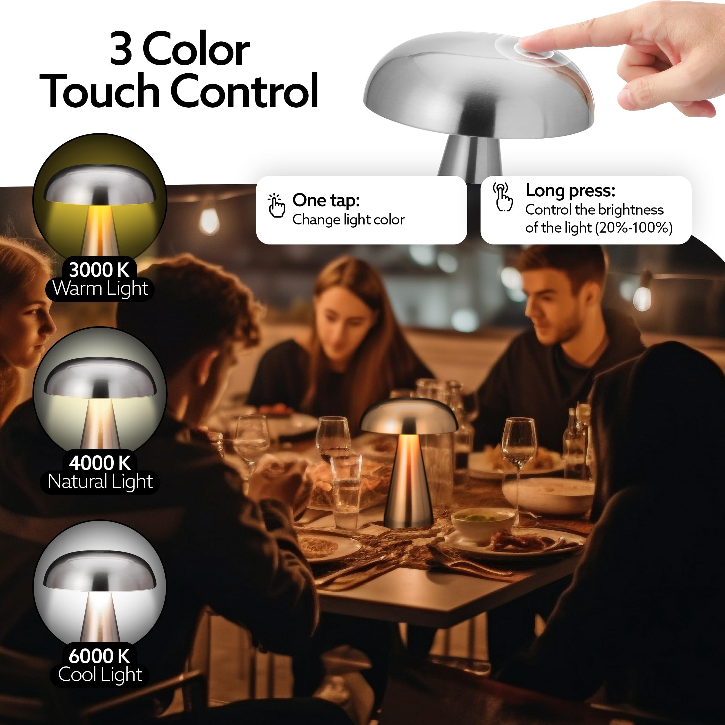 Cordless Mushroom Table Lamp – Rechargeable Metal LED Desk Light With 3 Color Dimming For Bedside, Living Room, Or Office