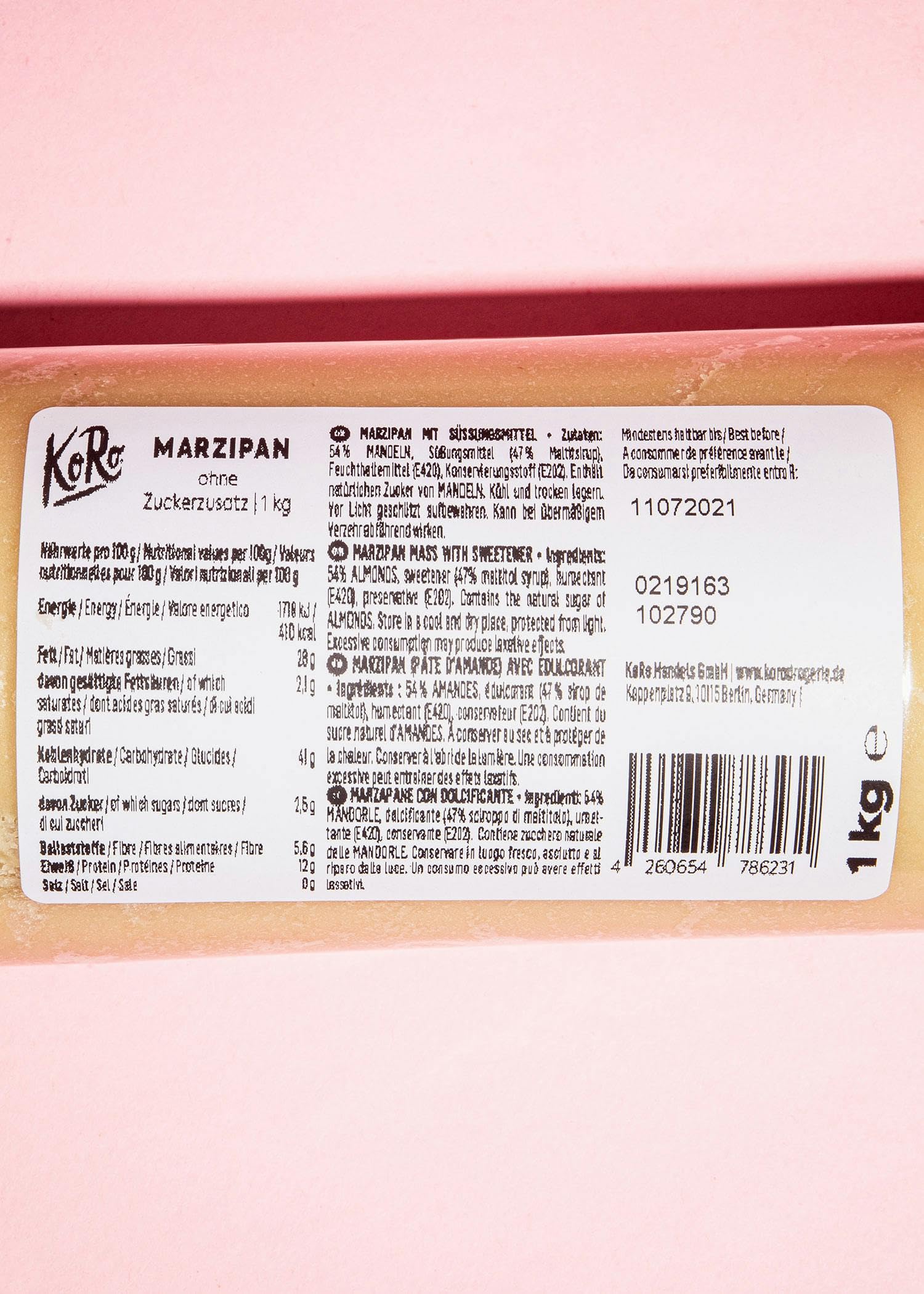 KoRo Marzipan ohne Zuckerzusatz 1 kg Vegan Glutenfrei Backen