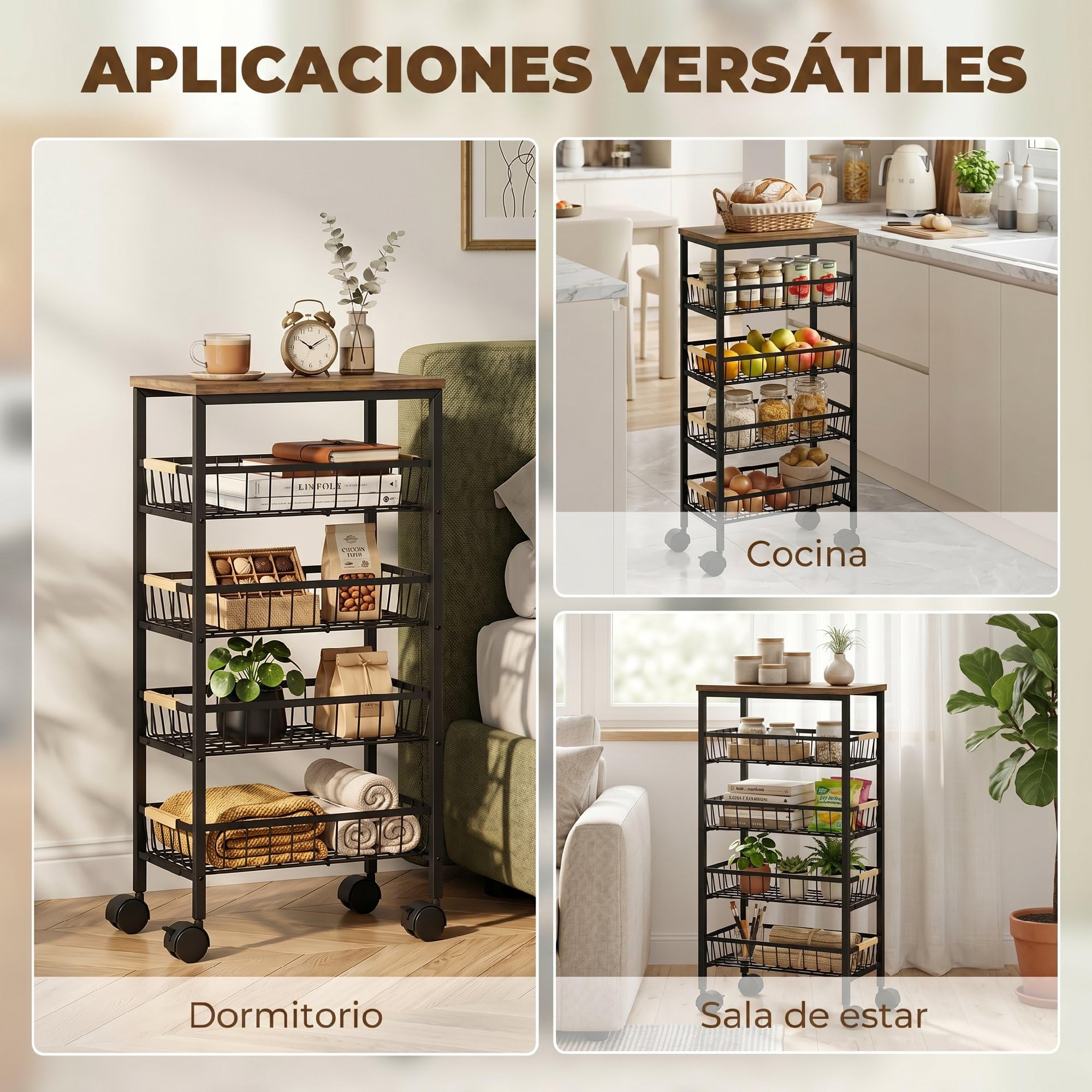 HOMCOM Carrito Auxiliar con Ruedas 4 Cestas Extraíbles 15 kg Marrón Rústico | Carrito de Cocina, Marco Metálico, Tiradores de Madera, para Comedor, Sala de Estar, Baño, 40x24x81,5 cm