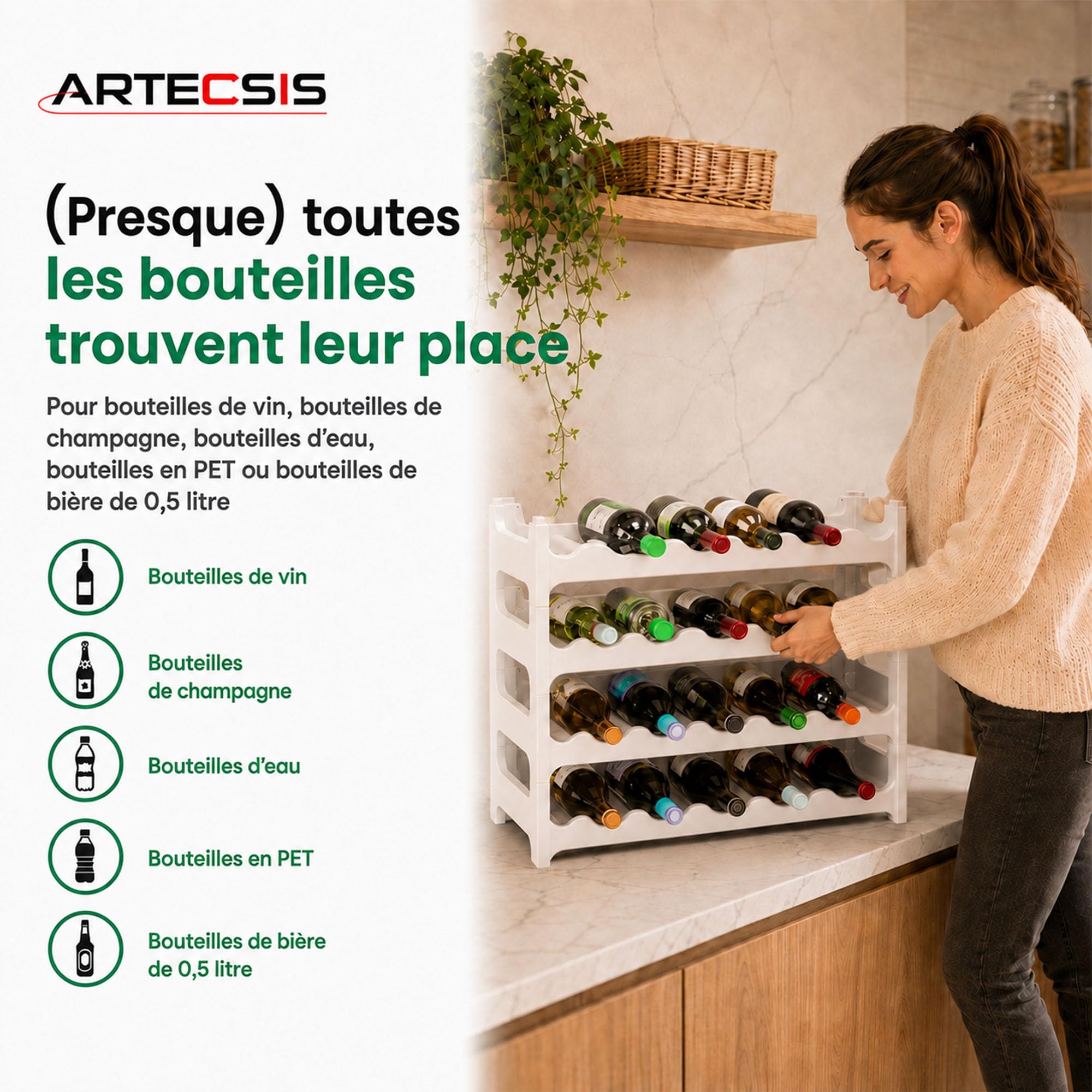 ARTECSIS Casier à Bouteilles, Étagère à Vin pour 24 Bouteilles, Range Bouteille Plastique Blanc, Hauteur de 54 cm
